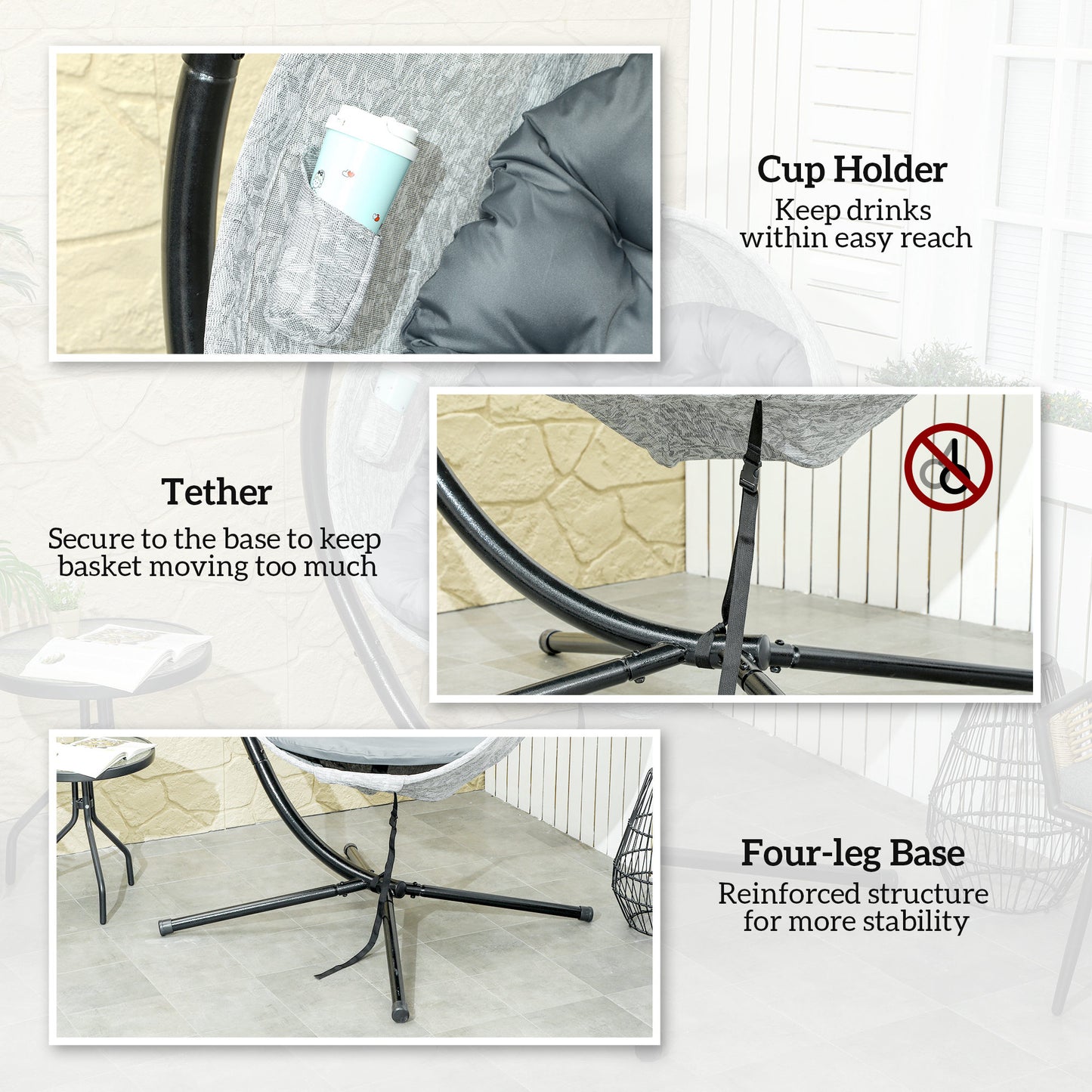 Outsunny Hanging Egg Chair for Patio Outdoor Indoor Garden Swing with Folding Basket Thick Cushion Cup Holder Grey