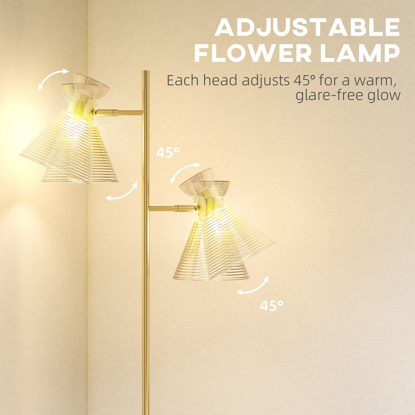 HOMCOM Adjustable Dual Head Floor Lamp With Floral Glass Shades Gold Tone E27 Socket Foot Switch Living Room Bedroom