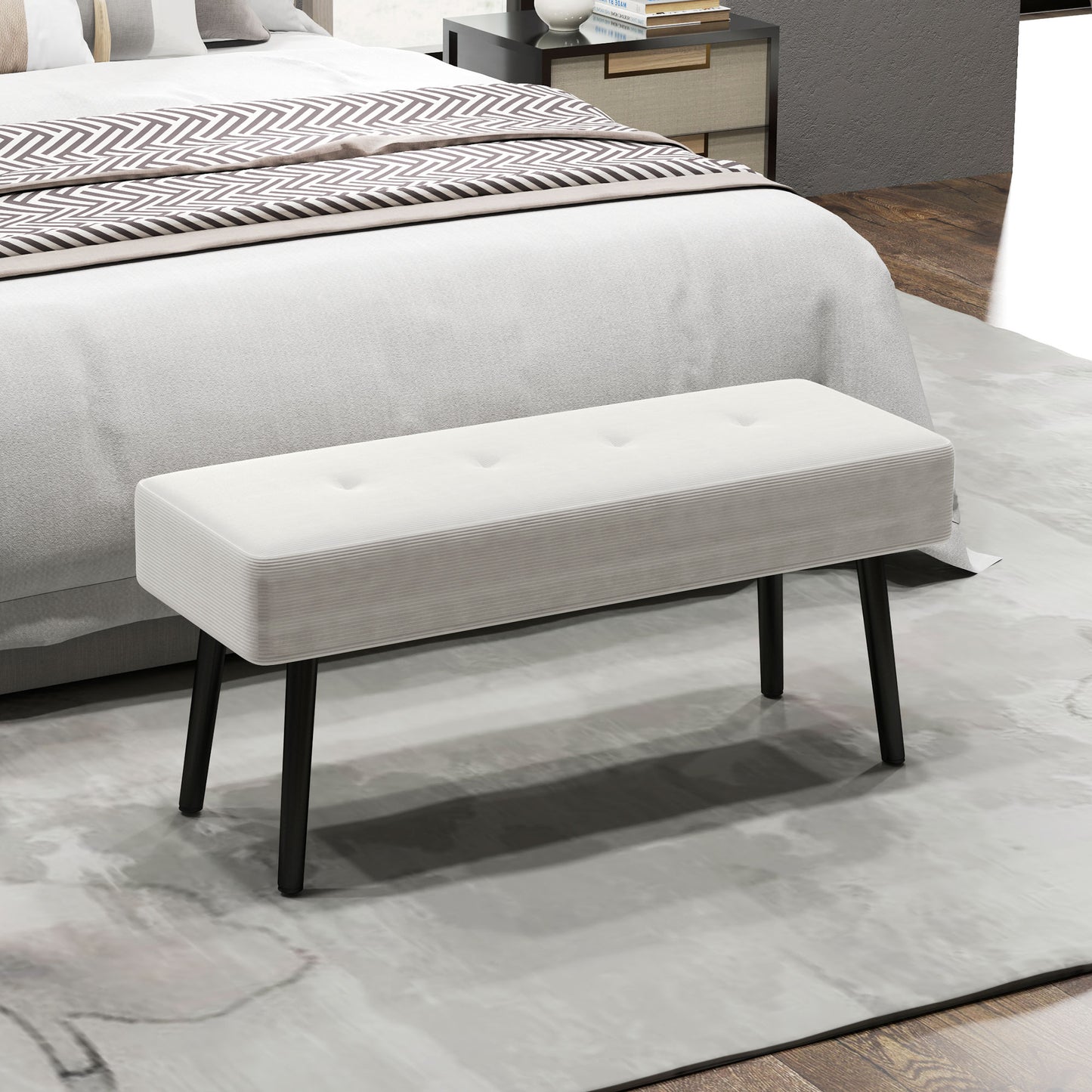 End Of Bed Bench Corduroy Upholstered With Thick Padding And Steel Legs Tufted Window Seat For Entryway Cream White