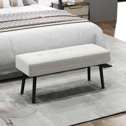 End Of Bed Bench Corduroy Upholstered With Thick Padding And Steel Legs Tufted Window Seat For Entryway Cream White
