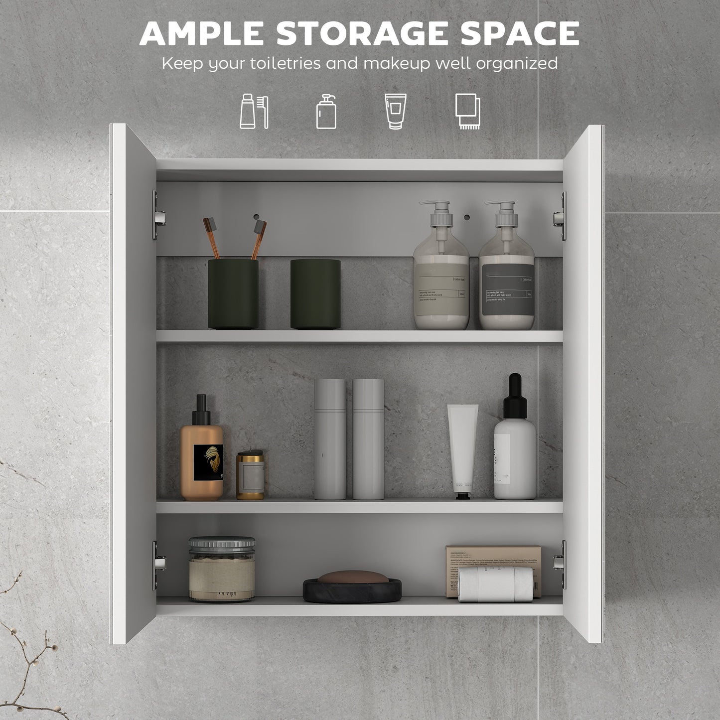 HOMCOM 60 x 15 cm White Double Door Wall Mounted Bathroom Mirror Cabinet With Adjustable Shelves