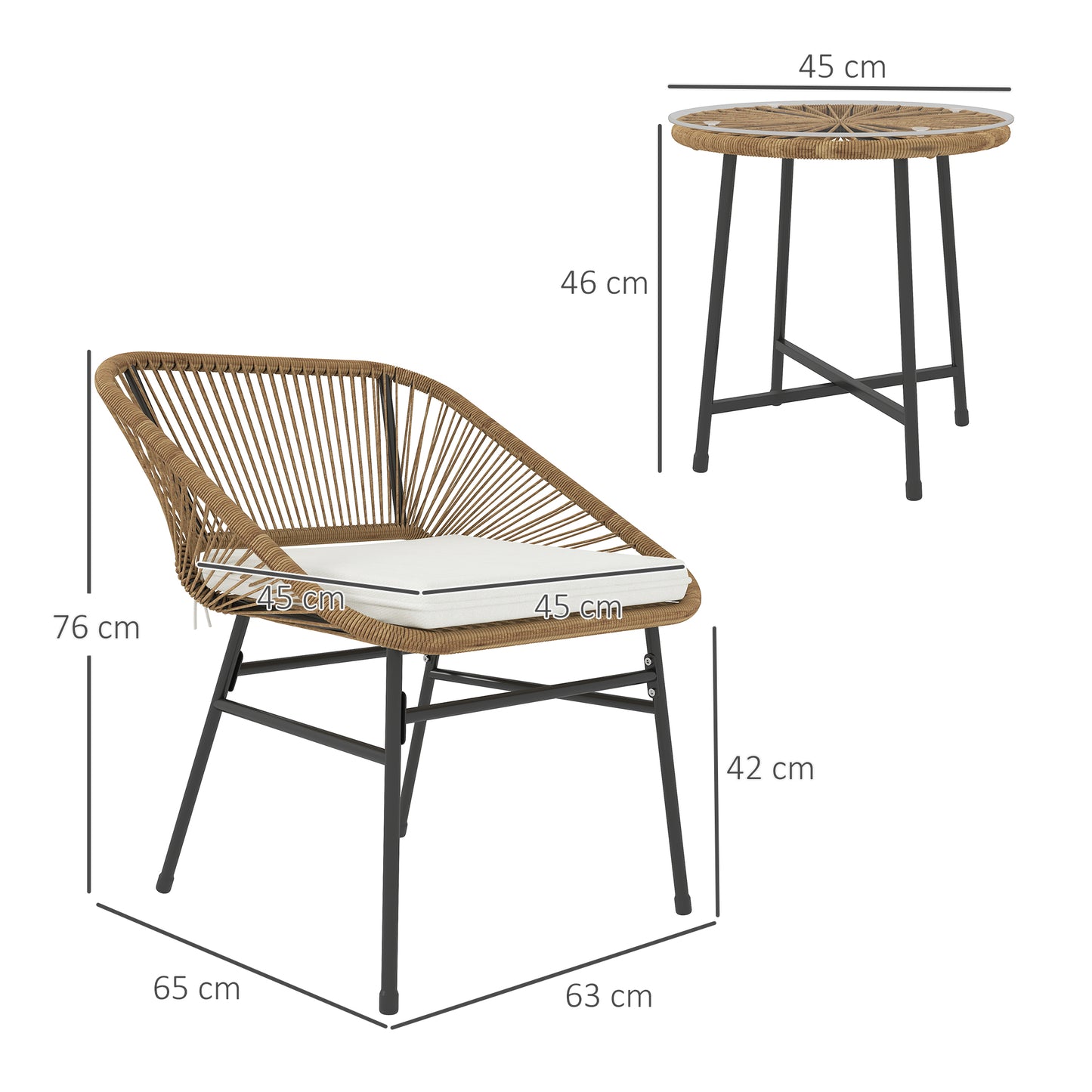 Outsunny 3 Piece Rattan Wicker Bistro Set With Cushions And Glass Top Table For Outdoor Patio Balcony