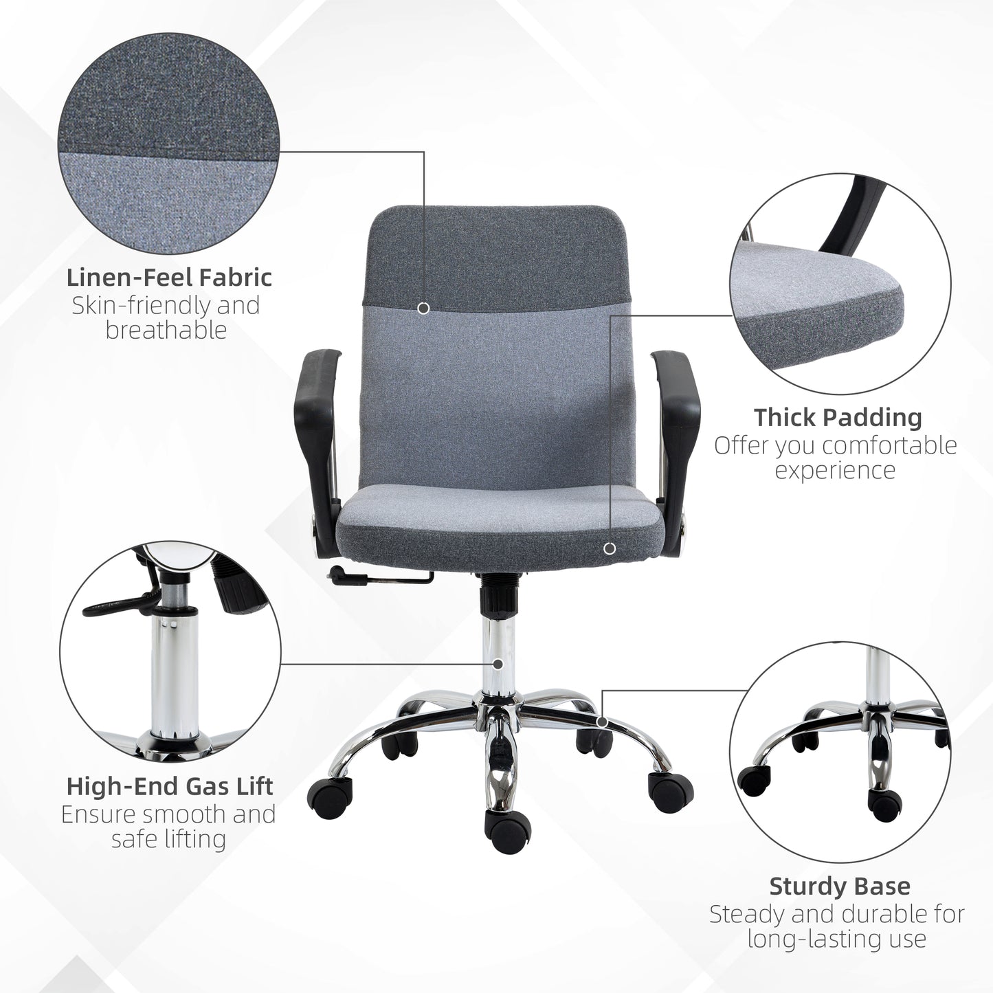 Vinsetto Adjustable Ergonomic Swivel Office Chair with Linen Fabric: Comfortable Desk Seating on Wheels for Home and Office, Grey - ALL4U RETAILER LTD