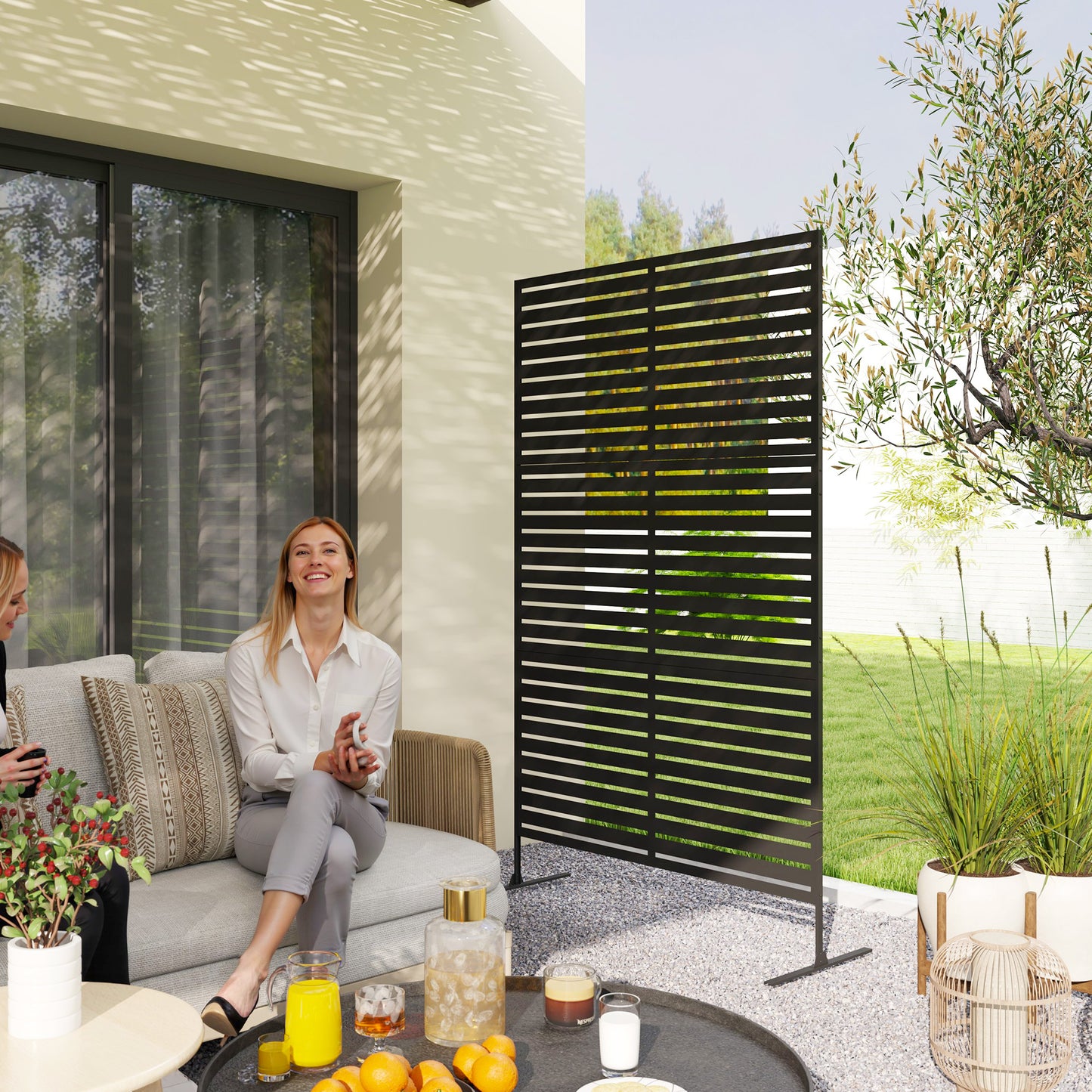 Outsunny Decorative Privacy Fence Screen With Stand 122 X 198 Cm Black Metal Trellis For Outdoor Privacy
