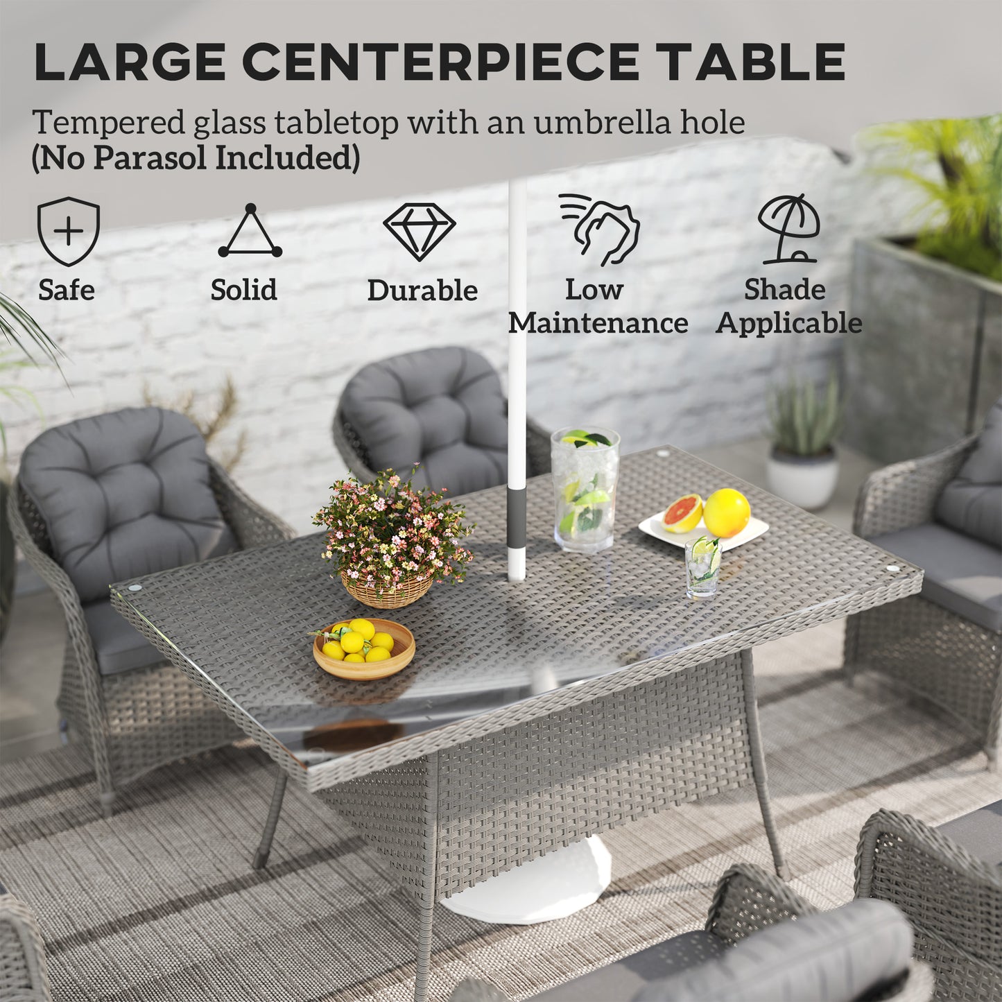 Outsunny Seven-Piece Rattan Dining Set With Six Chairs And Large Table In Light Grey