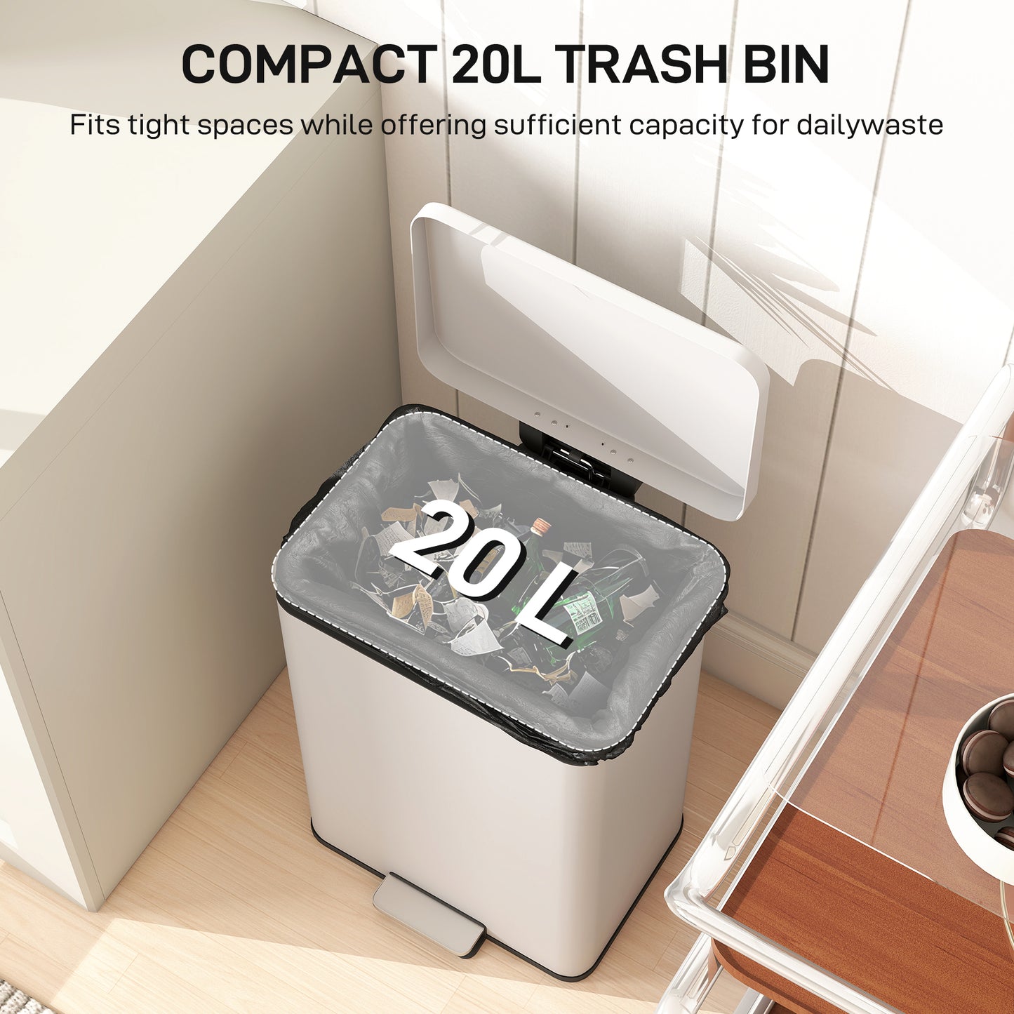 HOMCOM 20L Kitchen Bin With Soft Close Lid Stay Open Function Removable Inner Bucket Cream