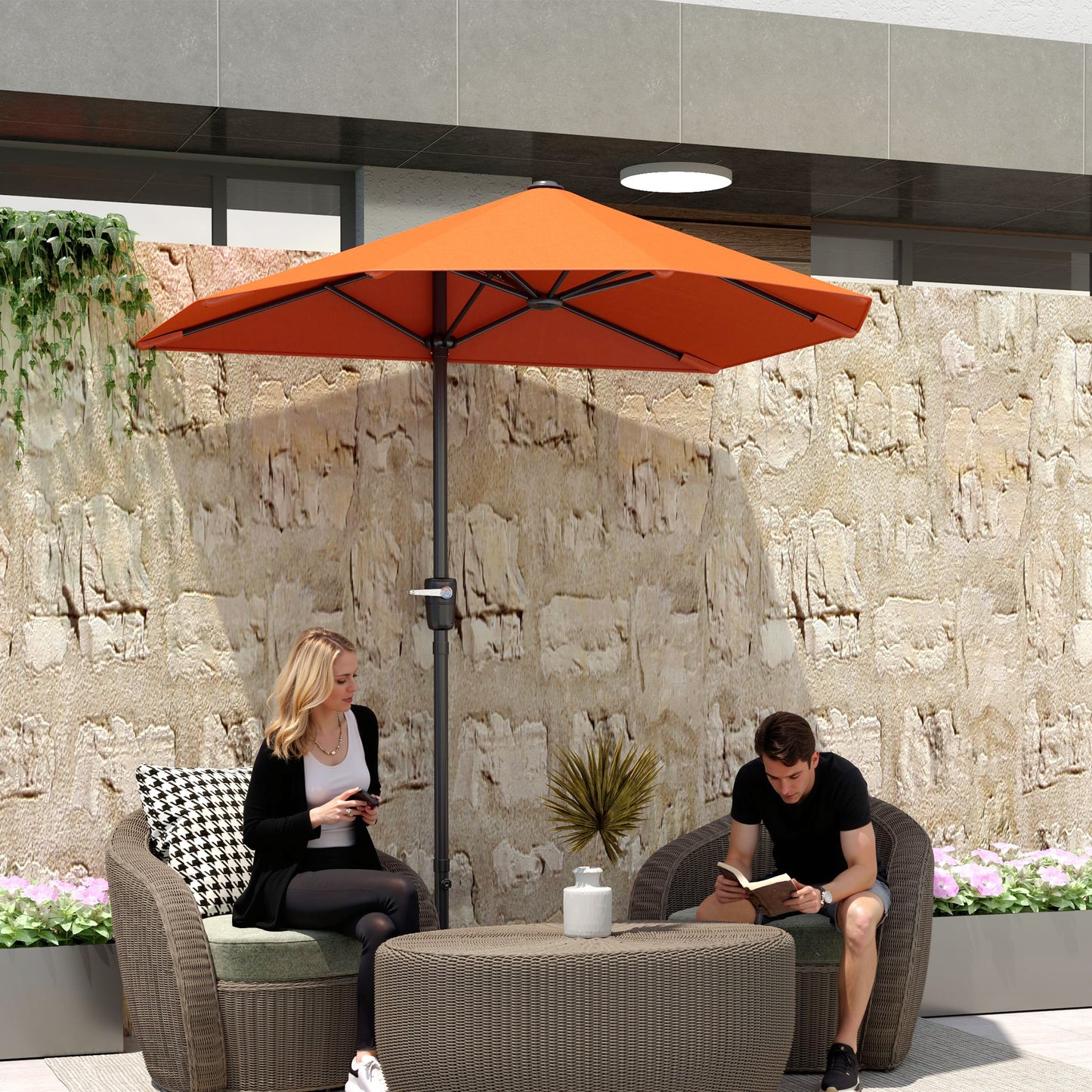 Outsunny 2m Half Parasol Umbrella Orange Extra Long Canopy For Wall Or Window Shade Outdoor Garden Sun Shelter