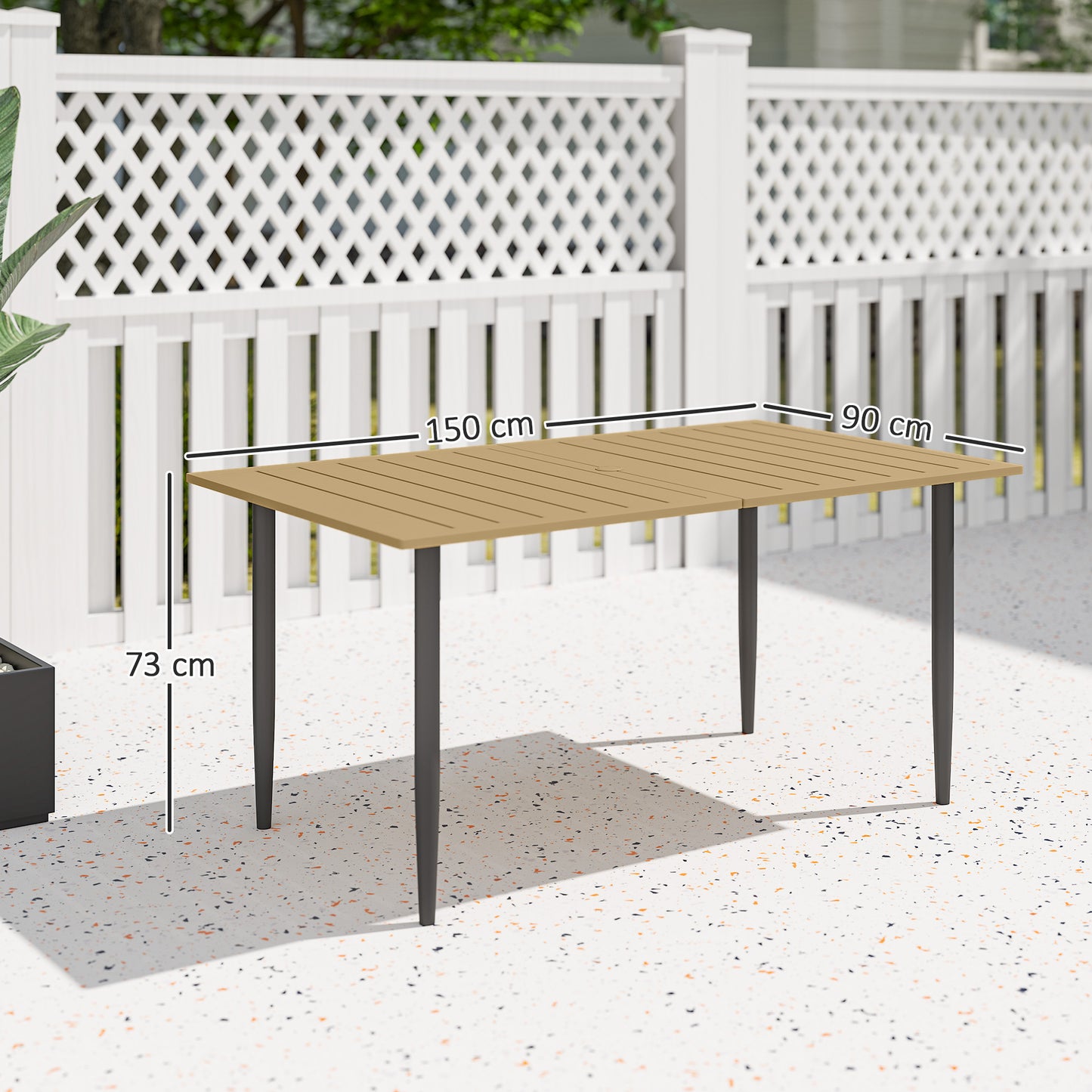 Outsunny Garden Dining Table 150 By 90 Cm Outdoor Slatted Table With 5 Cm Parasol Hole Steel Frame Brown