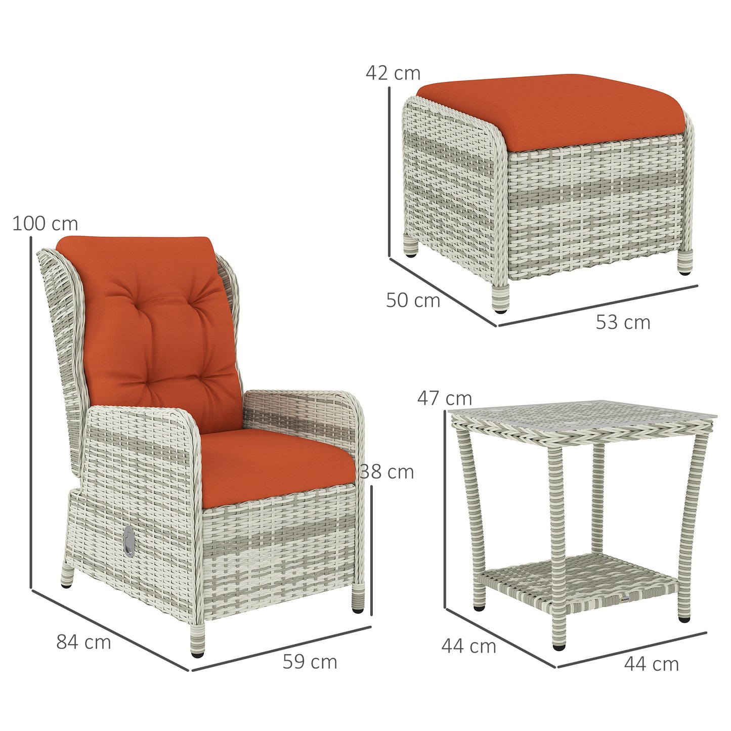 Outsunny 5 Pieces Rattan Bistro Set With Adjustable Back Reclining Cushions Outdoor Orange Footstools