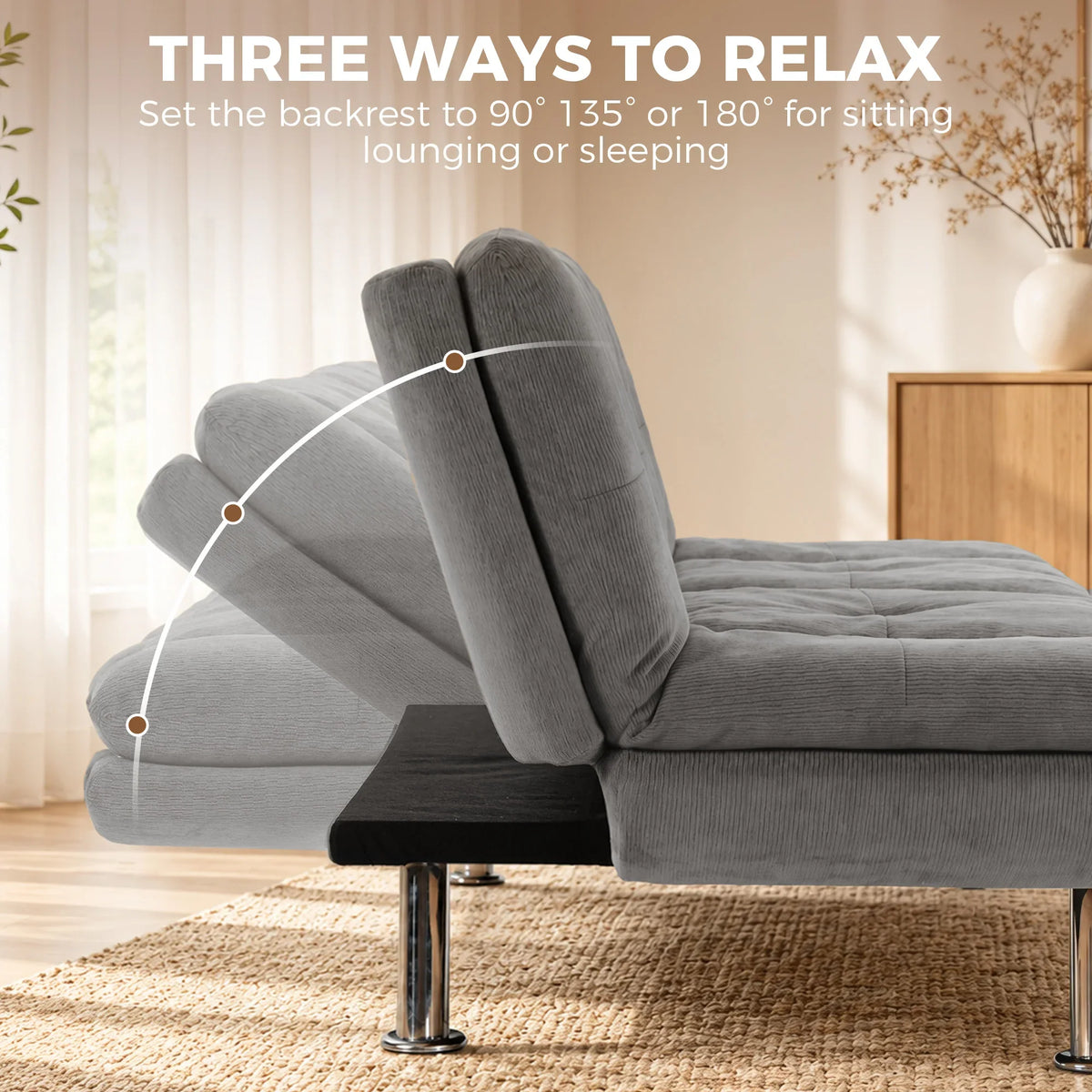 Gray sofa bed with reclined adjustable backrest and angled seating position