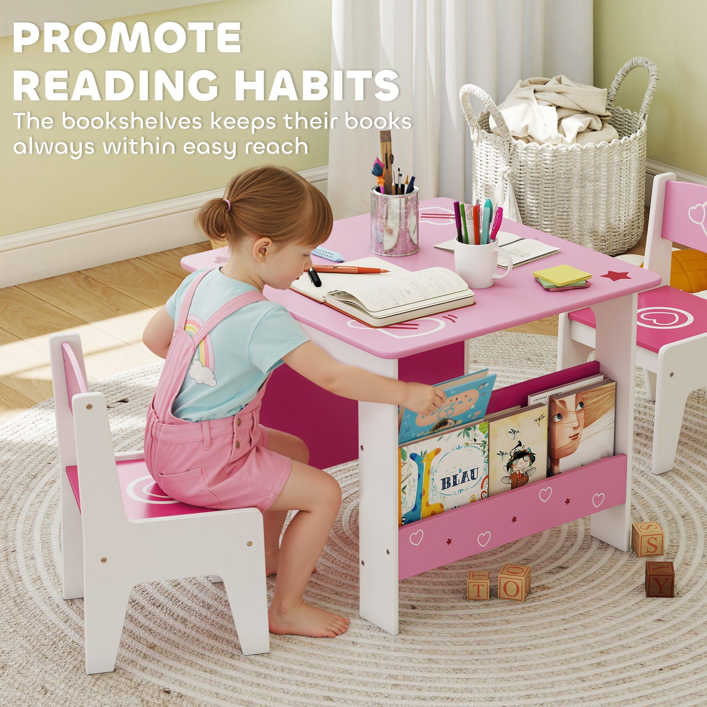 AIYAPLAY 3 Pieces Kids Table And Chair Set Pink With Built In Book Racks Toddler Activity Table For Living Room
