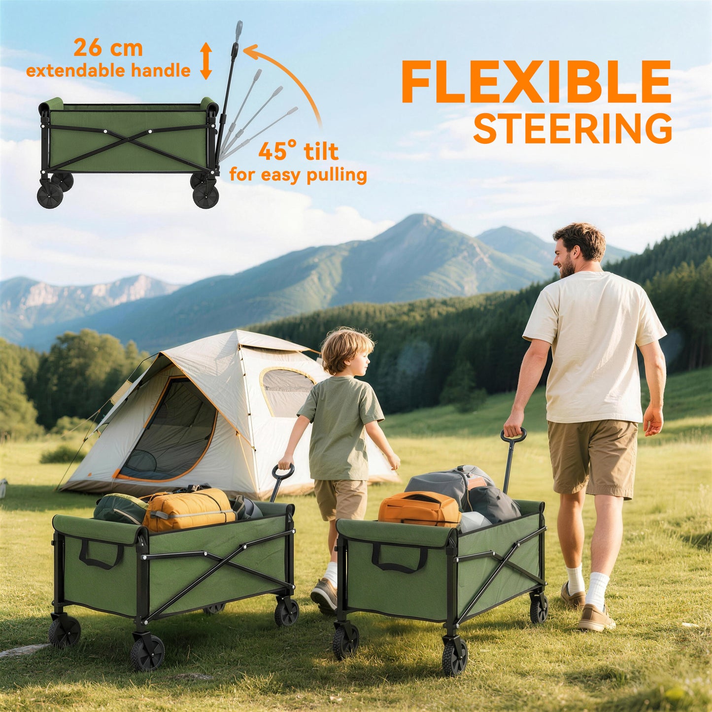 Outsunny Festival Trolley On Wheels 81L Compact Folding Garden Cart With Adjustable Handle Green