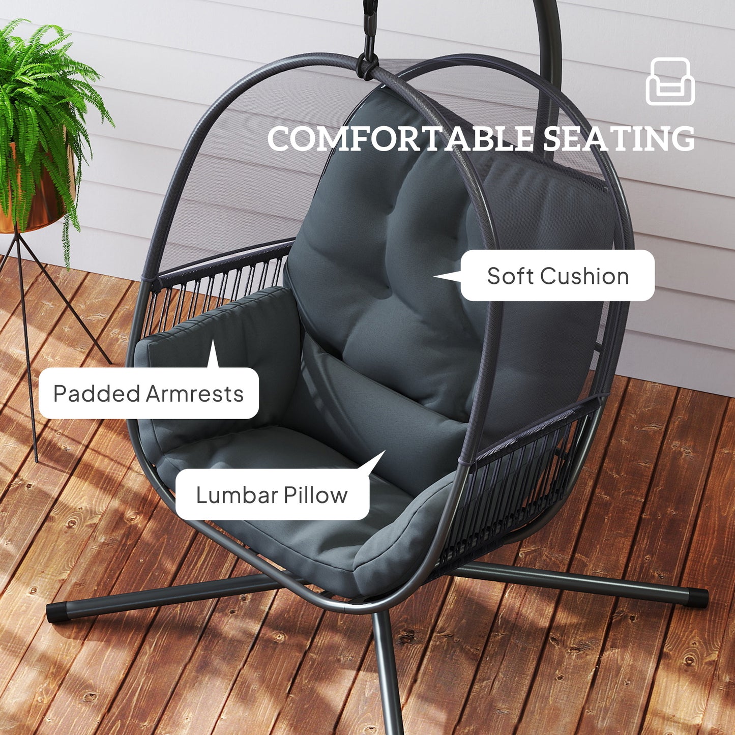 Outsunny Hanging Egg Chair With Cushion For Outdoor Relaxation In Dark Grey With Powder Coated Steel Frame X Leg Design