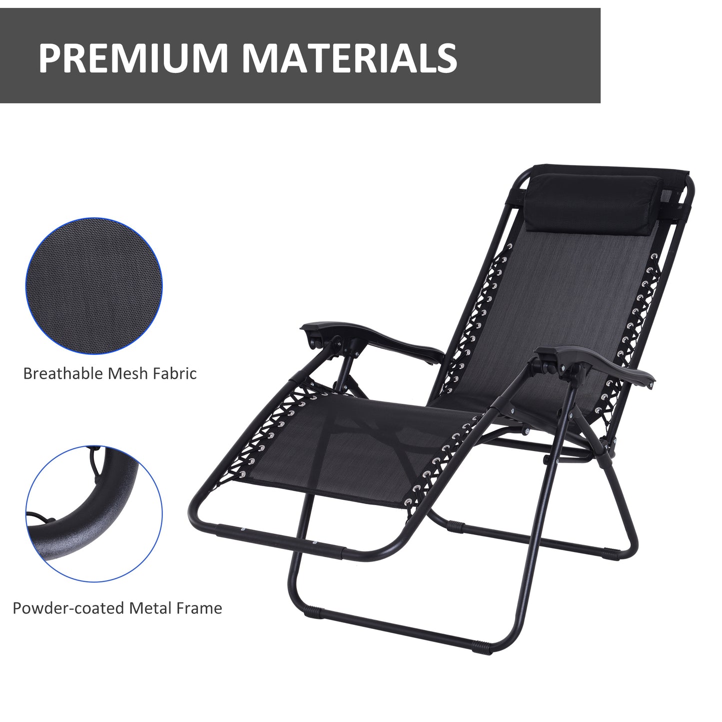 Outsunny Zero Gravity Chair Set of 2 with Metal Frame Texteline Chairs Folding and Reclining Loungers Head Pillow Black