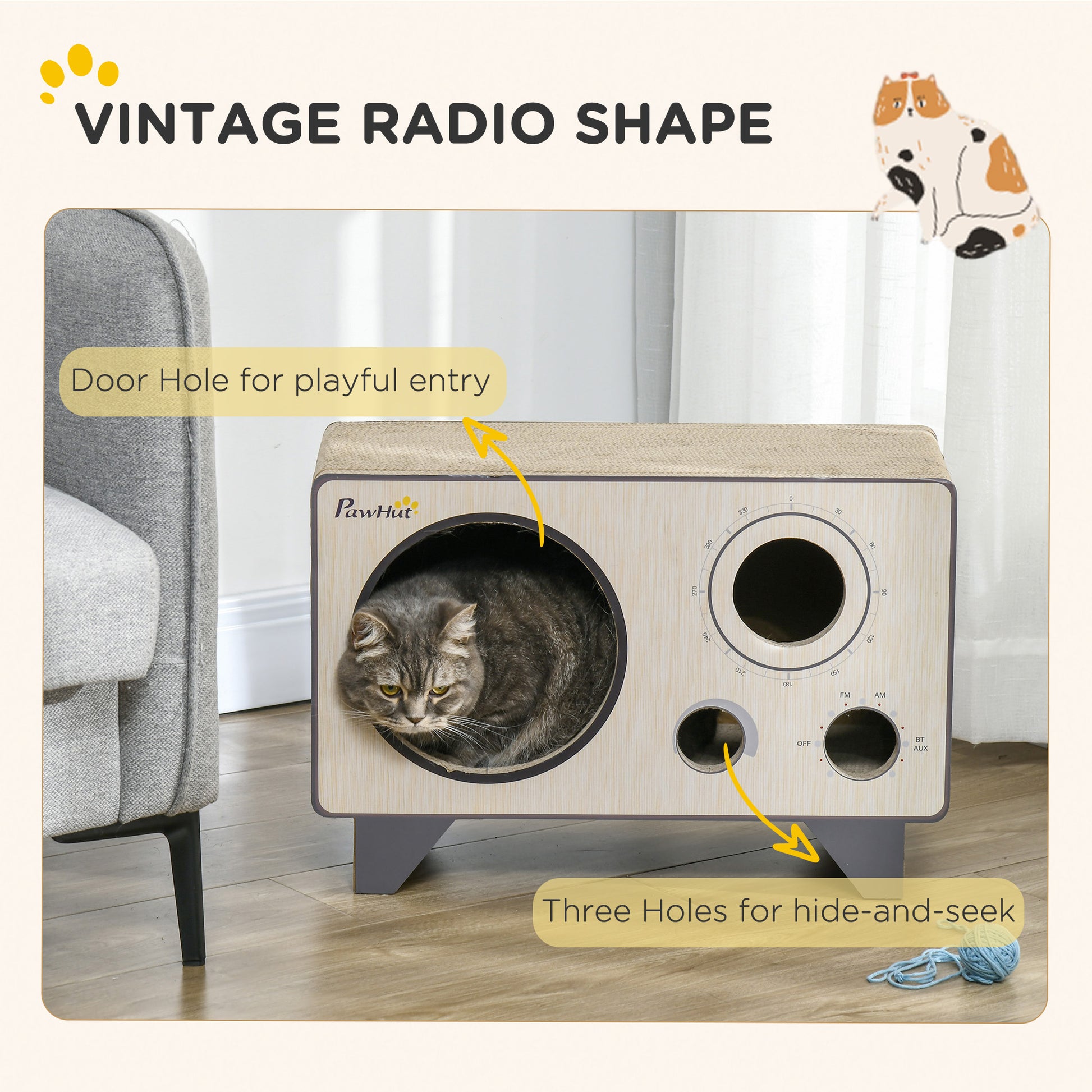 PawHut Vintage Radio Shaped Cat Scratcher & Cozy House with Catnip - 2 in 1, Natural Wood Finish - ALL4U RETAILER LTD