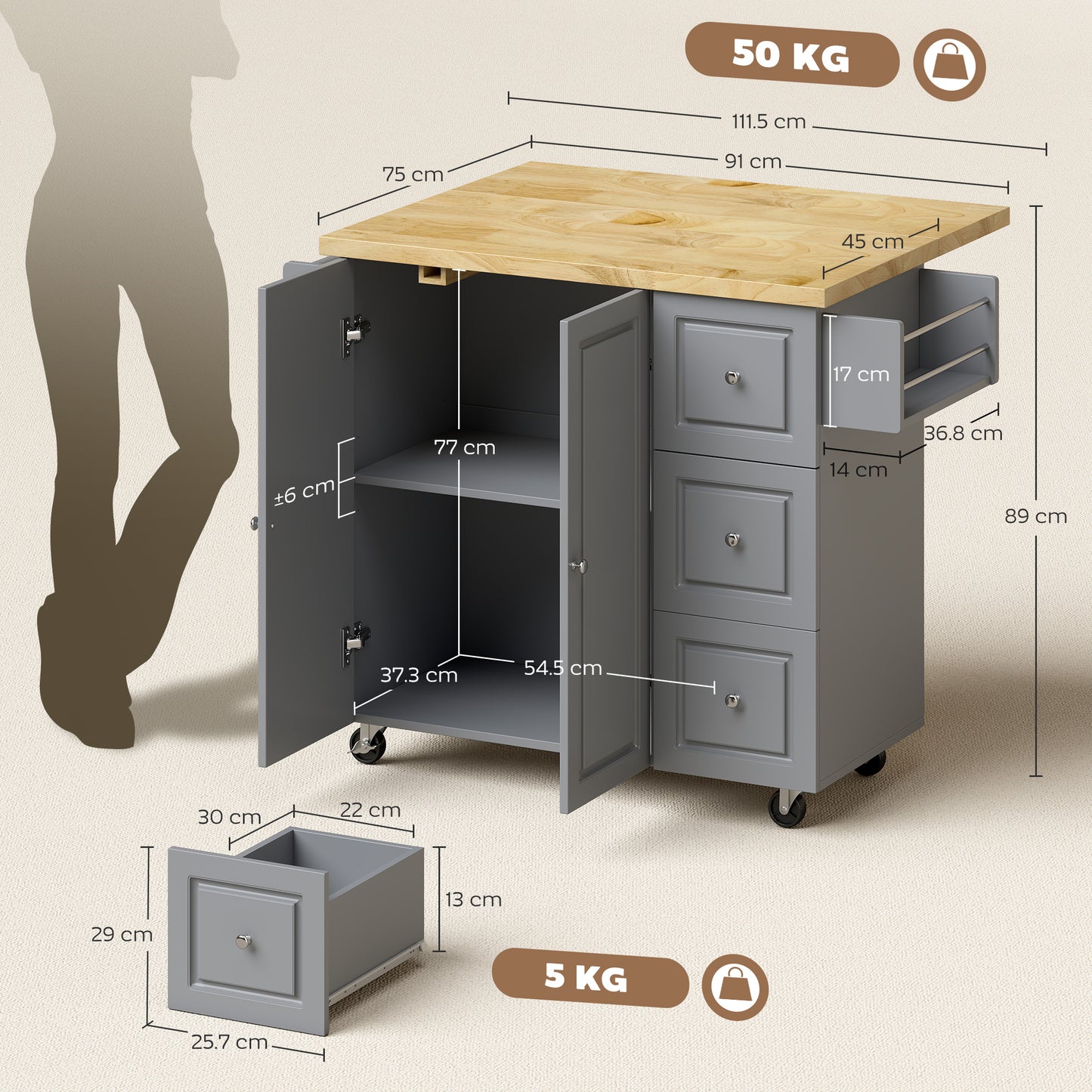 HOMCOM Kitchen Island On Wheels With Drop Leaf And Spice Rack Rolling Storage Trolley With Drawers Grey