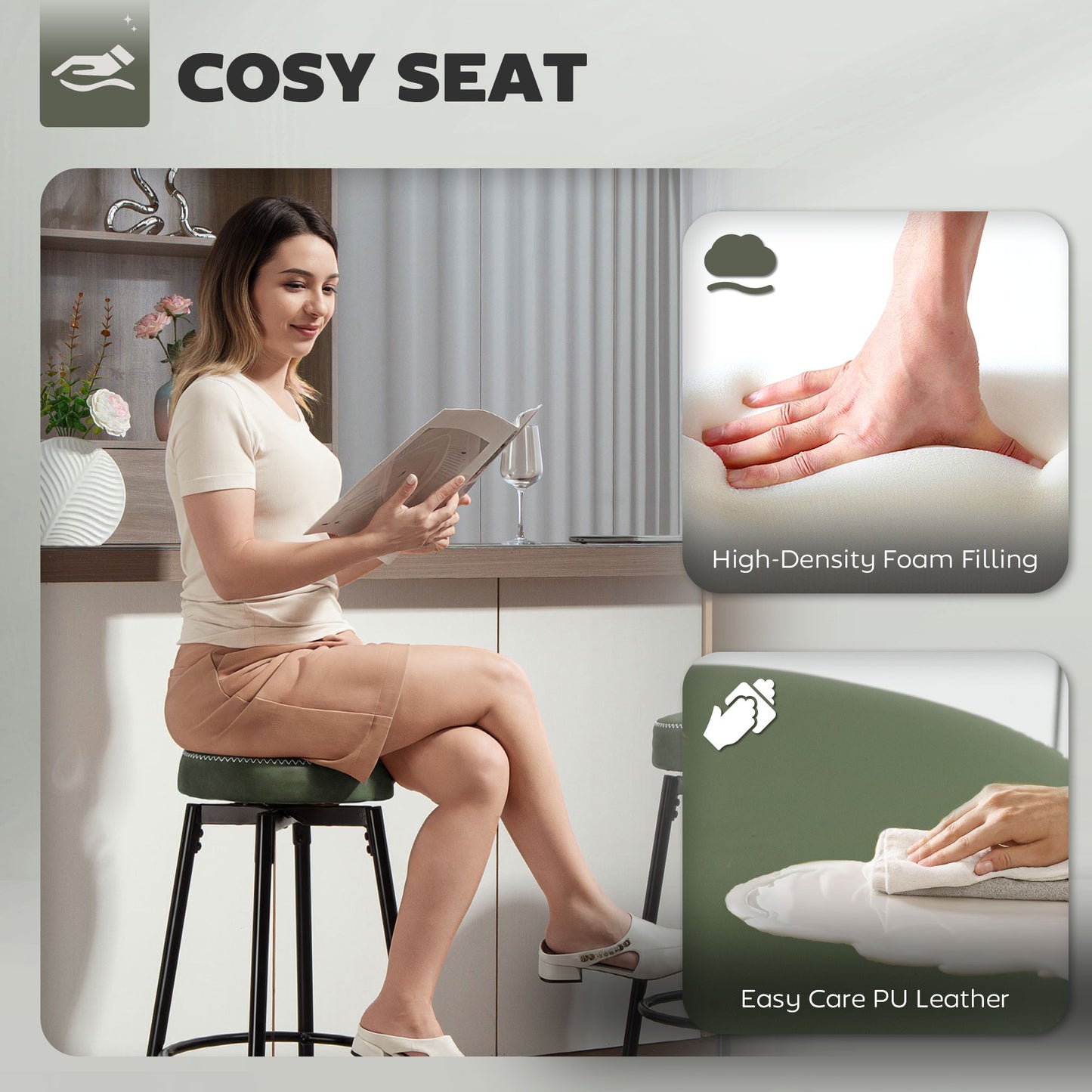 HOMCOM Set Of Two Faux Leather Bar Stools Green And Black With White Thread Edges And 8 Cm Thick Cushions