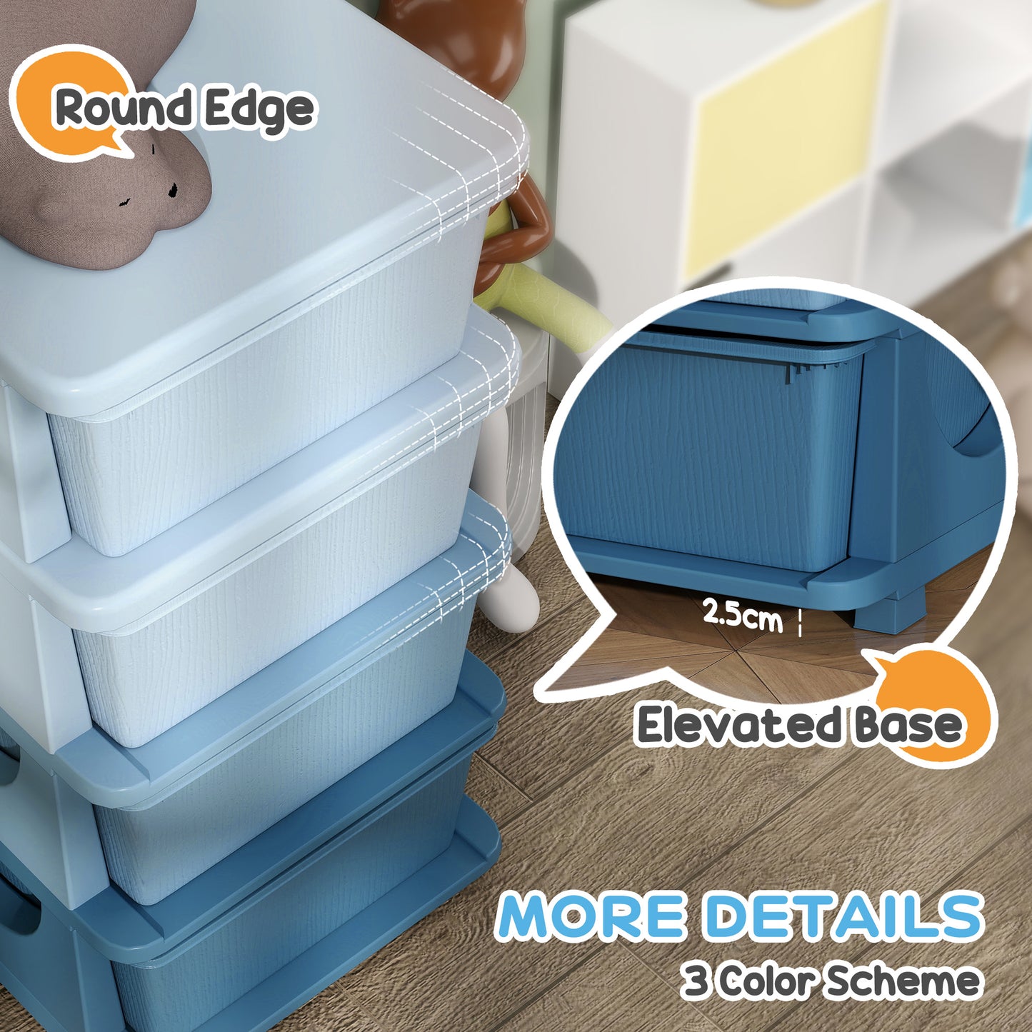 HOMCOM Four Tier Kids Storage Boxes With Four Drawers Blue PP Easy Clean Toy Organizer For Toys Books