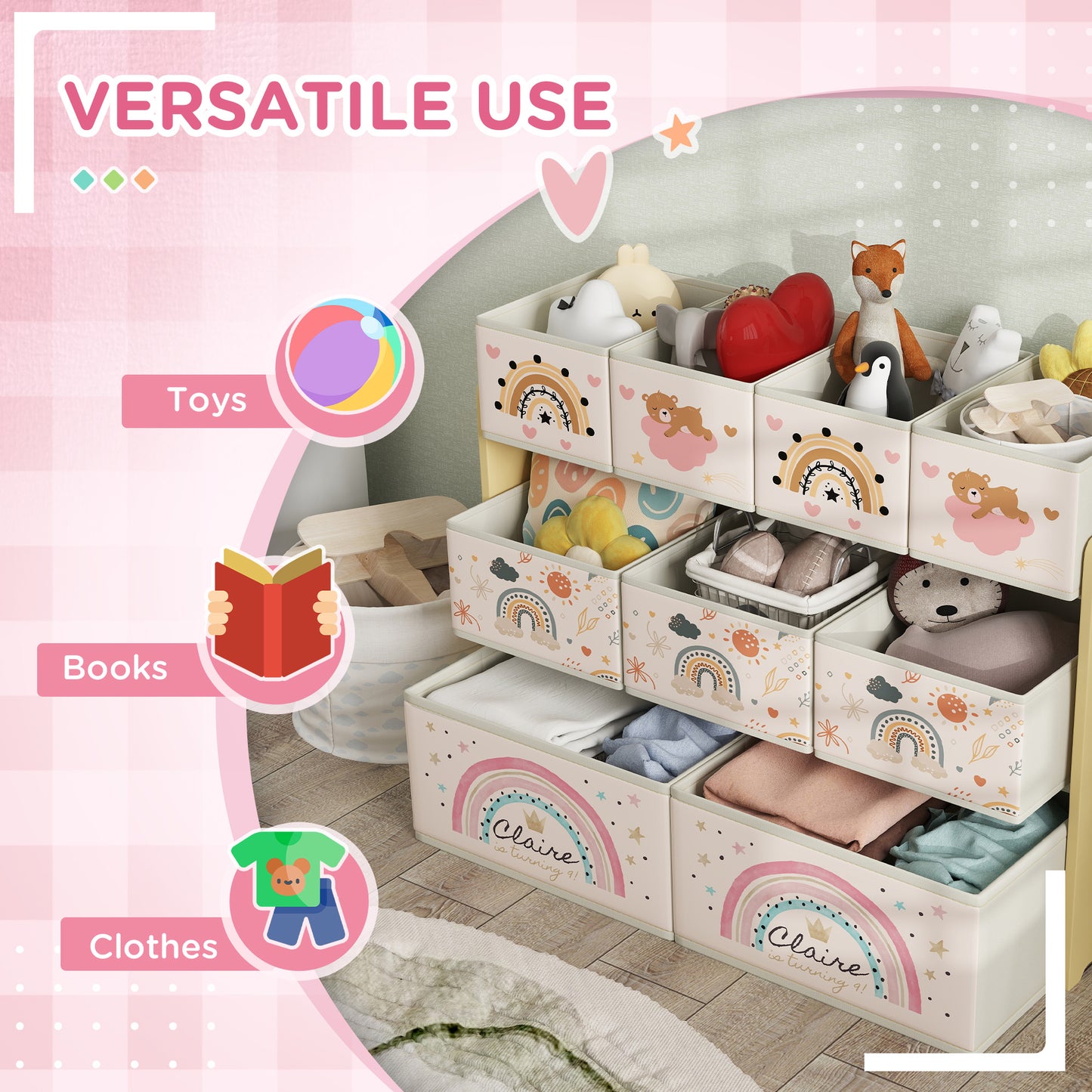 AIYAPLAY 3 Tier Kids Storage Unit With 9 Nonwoven Fabric Boxes For Toys Books Clothes Bedroom Nursery Yellow