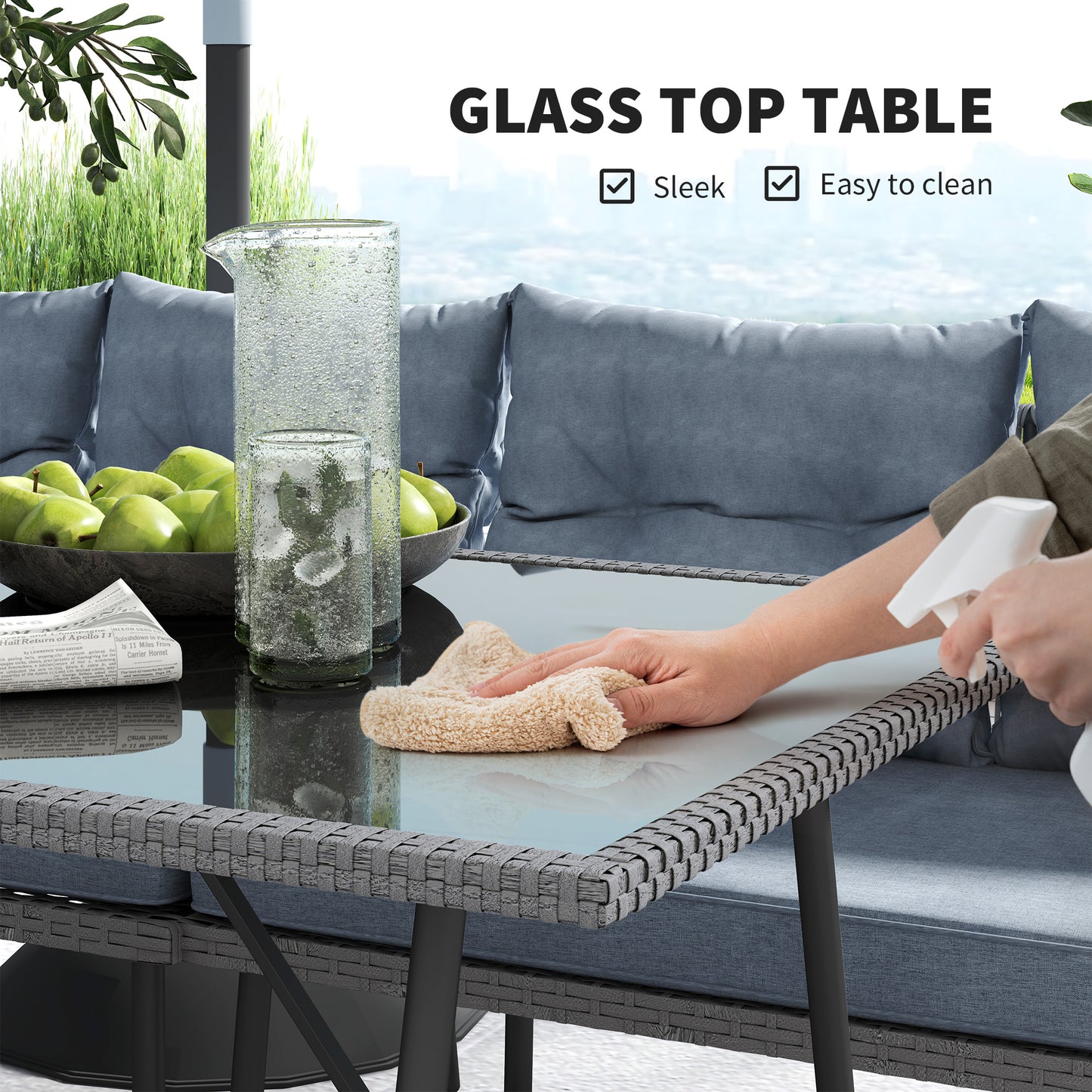 Outsunny 6 Piece Rattan Garden Furniture Set Charcoal Grey 8 Seater Corner Sofa With Cushions Glass Top Table And Stools