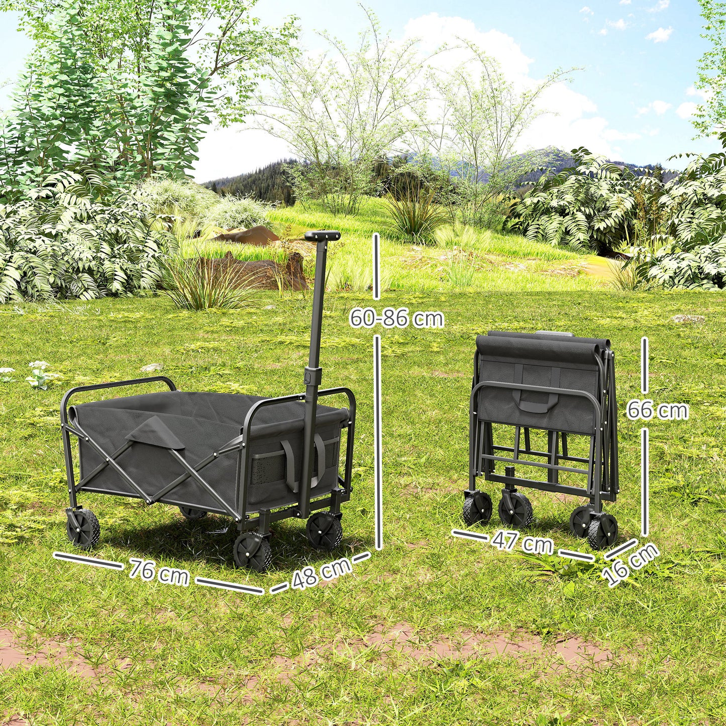 Outsunny 62L Festival Trolley On Wheels 120kg Capacity Beach Folding Cart With Adjustable Handle And Carrying Bag Grey