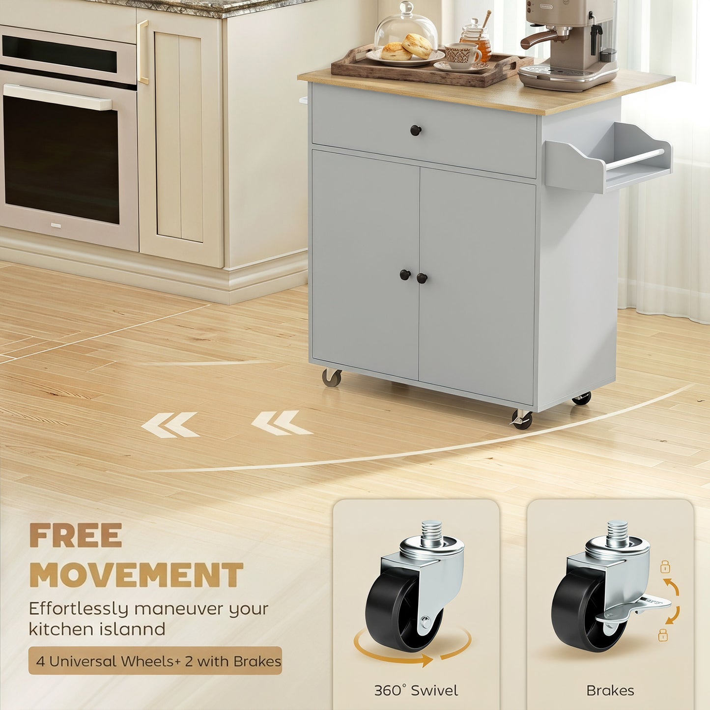 HOMCOM Kitchen Island With Drop Leaf And Rolling Wheels In Grey
