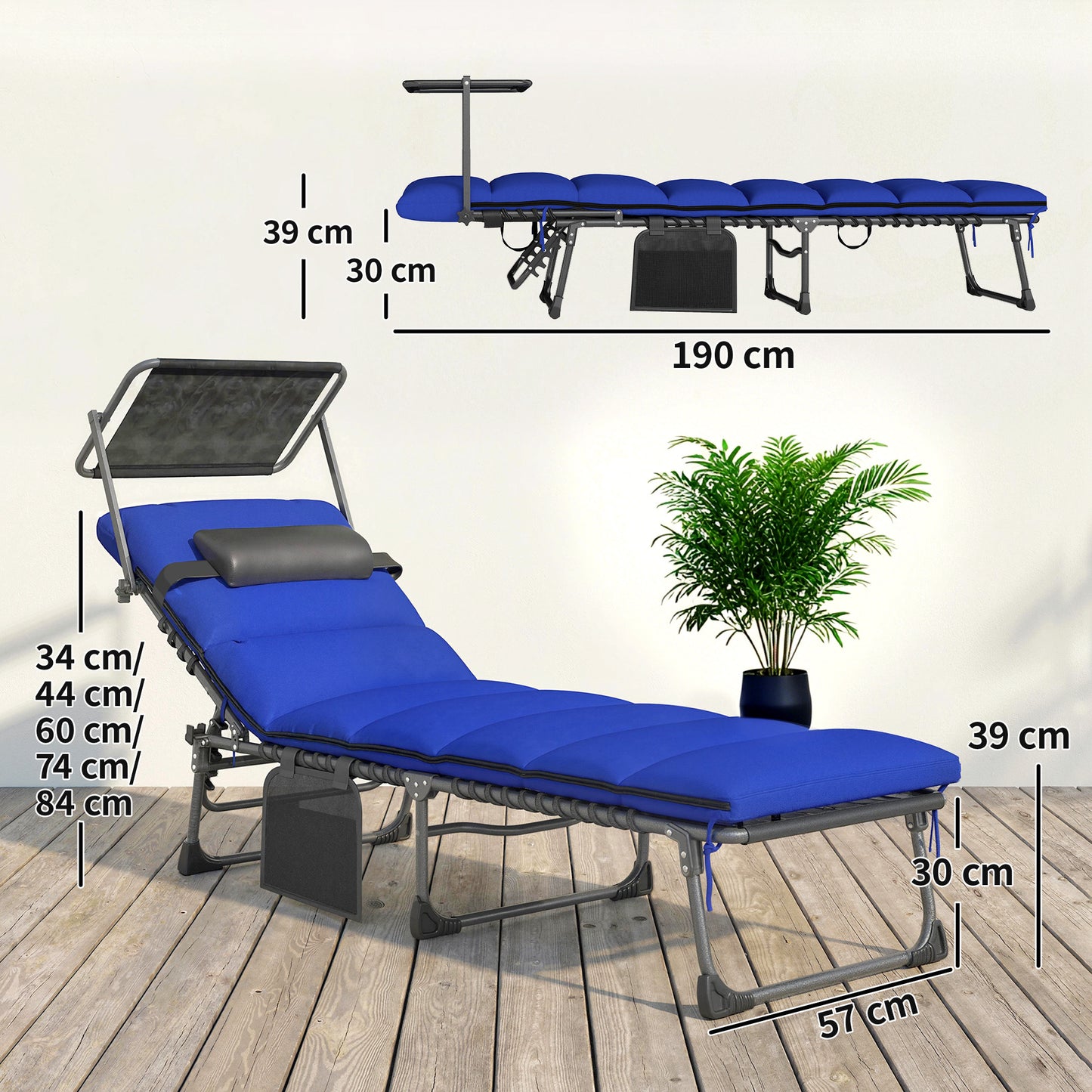 Outsunny Folding Sun Loungers Set Of 2 With Canopy Reclining Sunbed With Cushion Side Pocket Carrying Handle Dark Blue
