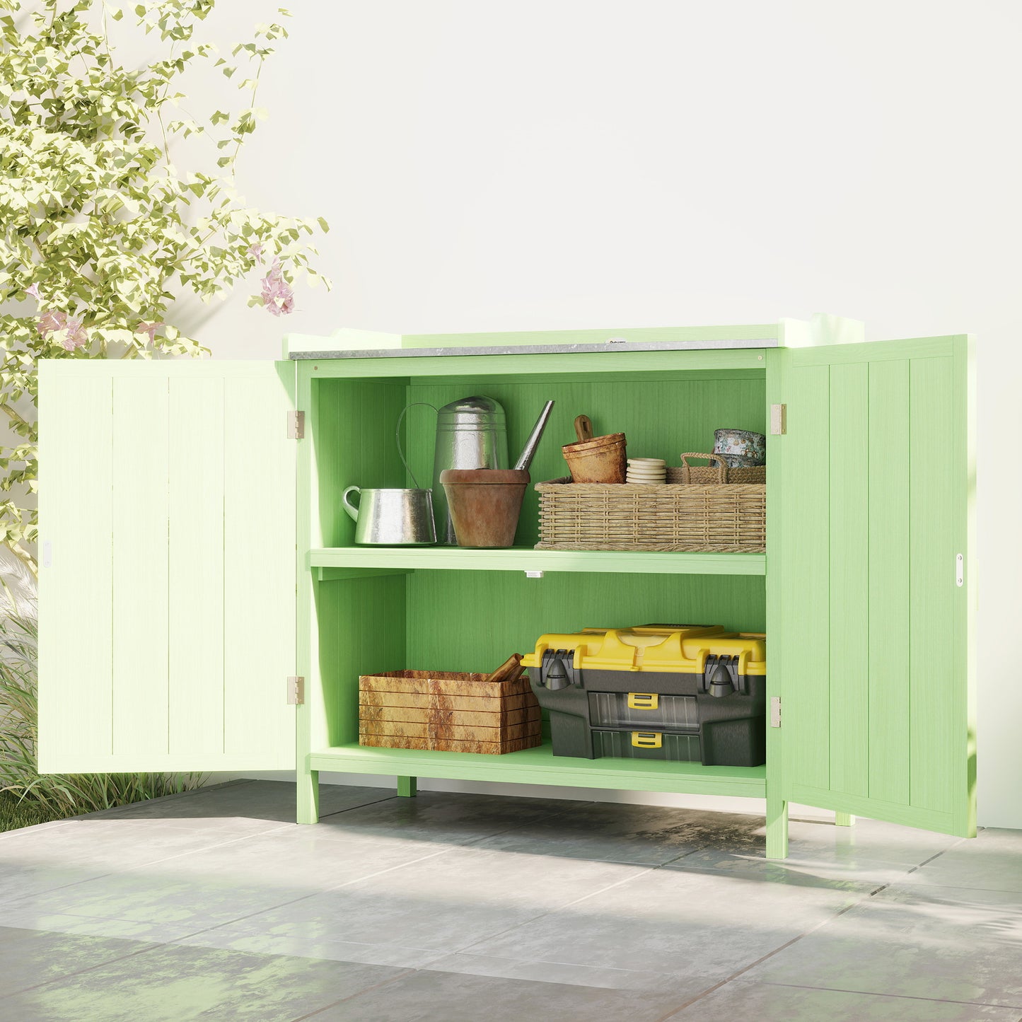 Outsunny Wood Garden Storage Cabinet Potting Bench With Galvanised Top And Two Shelves For Garden Tools And Pool Accessories Green