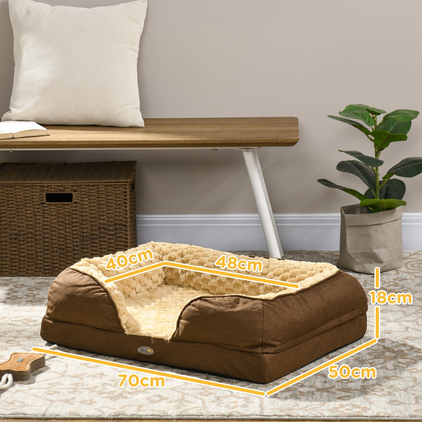 PawHut Cozy Pet Mattress with Washable Cover and Non-Slip Base for Small Dogs - Brown 70L x 50W x 18Hcm - ALL4U RETAILER LTD