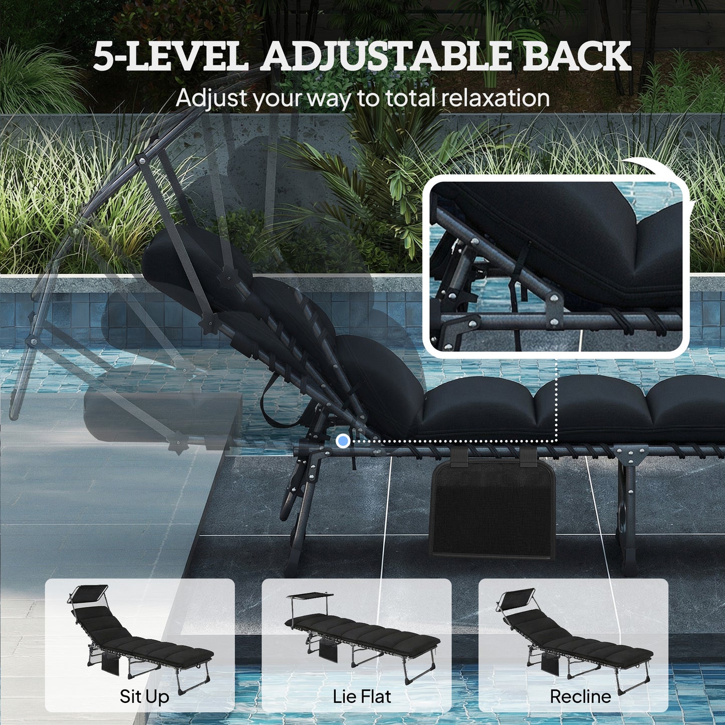 Outsunny Folding Sun Lounger with Canopy and Cushion, Reclining Sunbed with Side Pocket and Carry Handle, Black