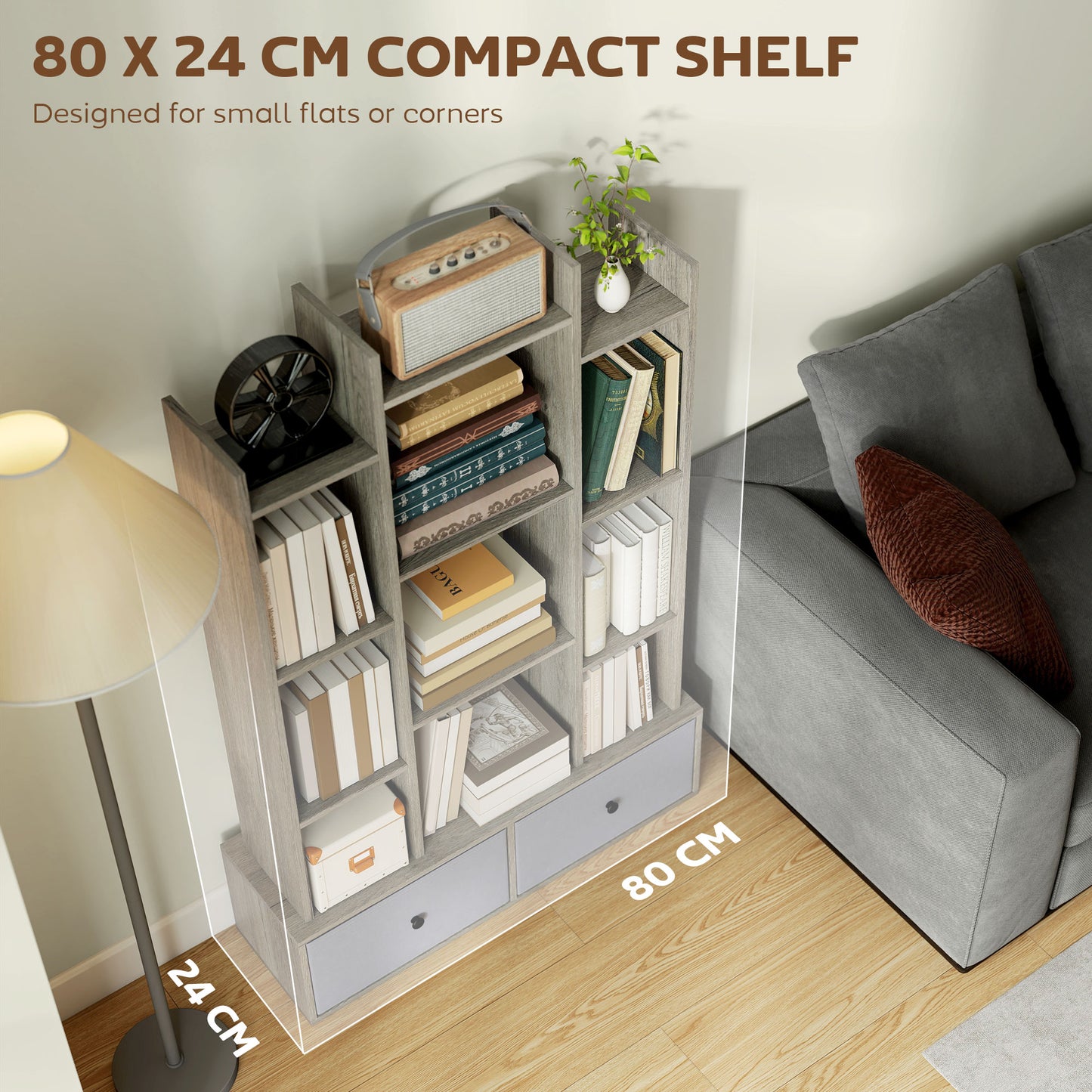 HOMCOM 12 Shelf Storage Unit With Drawers Graphite Wood Effect Anti Tip Kit For Stable Family Safe Home Organization