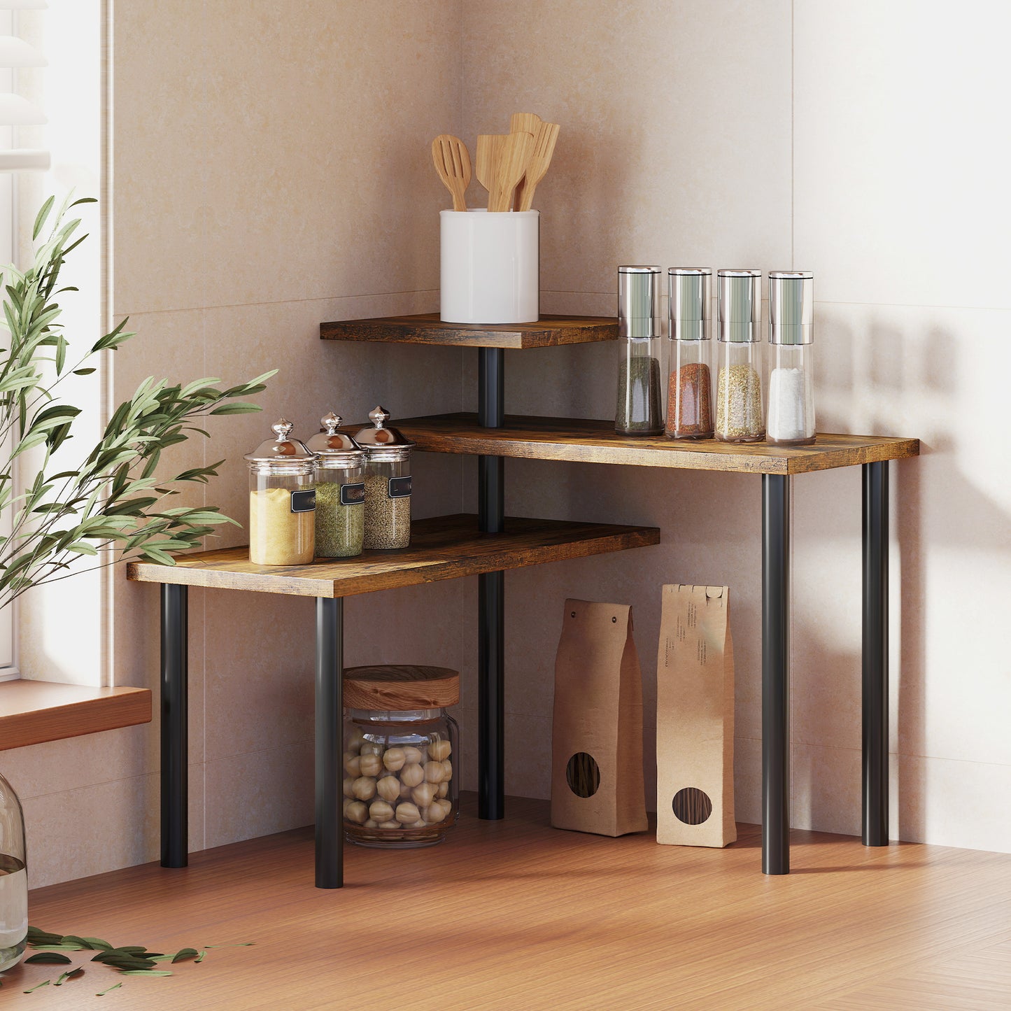 HOMCOM 3 Tier Kitchen Countertop Organizer with Adjustable Spice Rack Corner Shelf for Kitchen Coffee Bar Bathroom