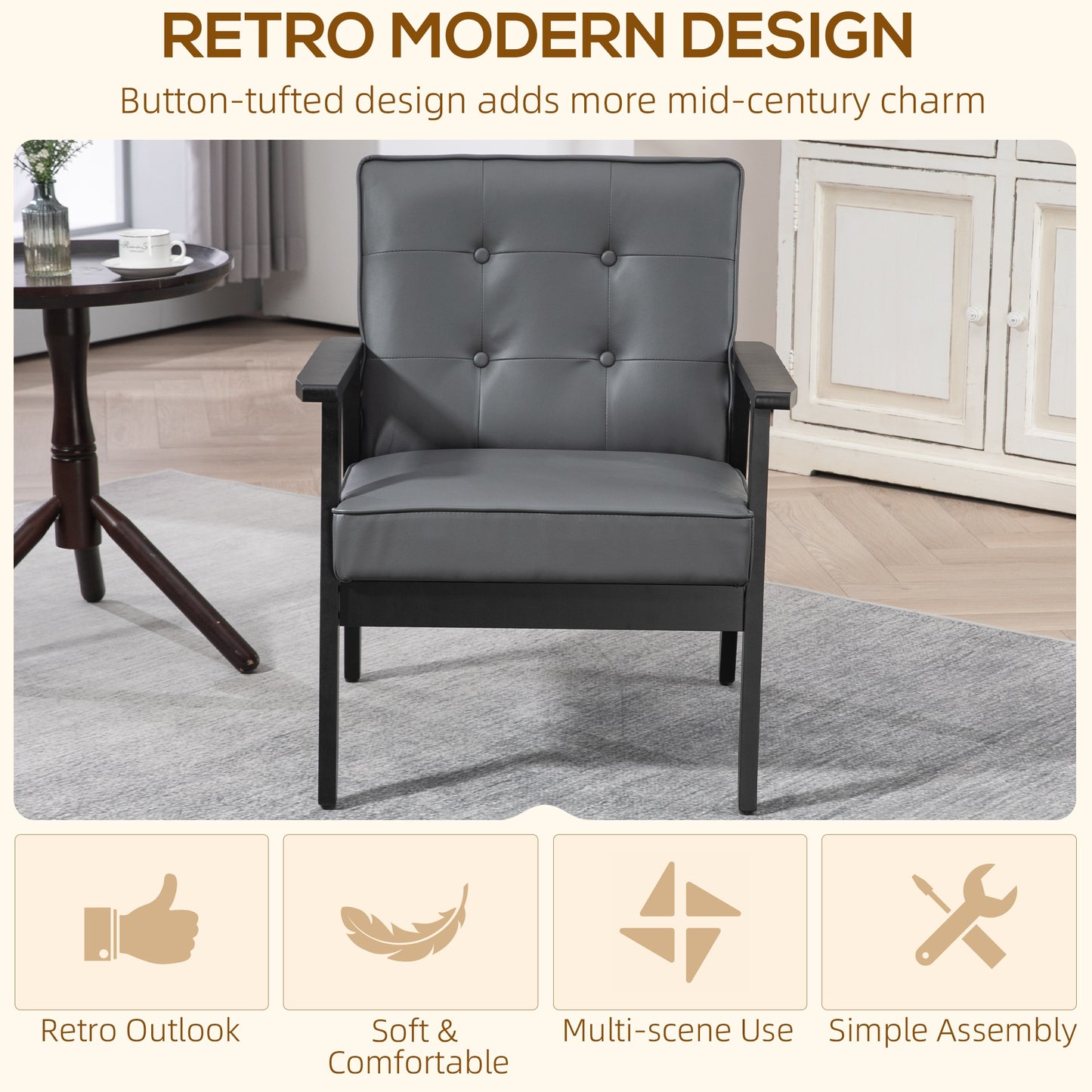 HOMCOM Set of 2 Accent Chairs PU Leather Armchairs With Beech Wood Frame For Living Room Bedroom Balcony Grey