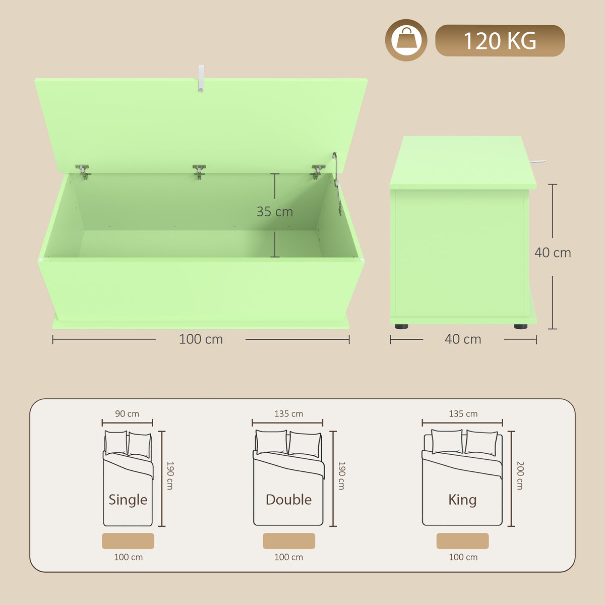 Homcom 114L Green Wooden Storage Bench With Safety Hinge For Home