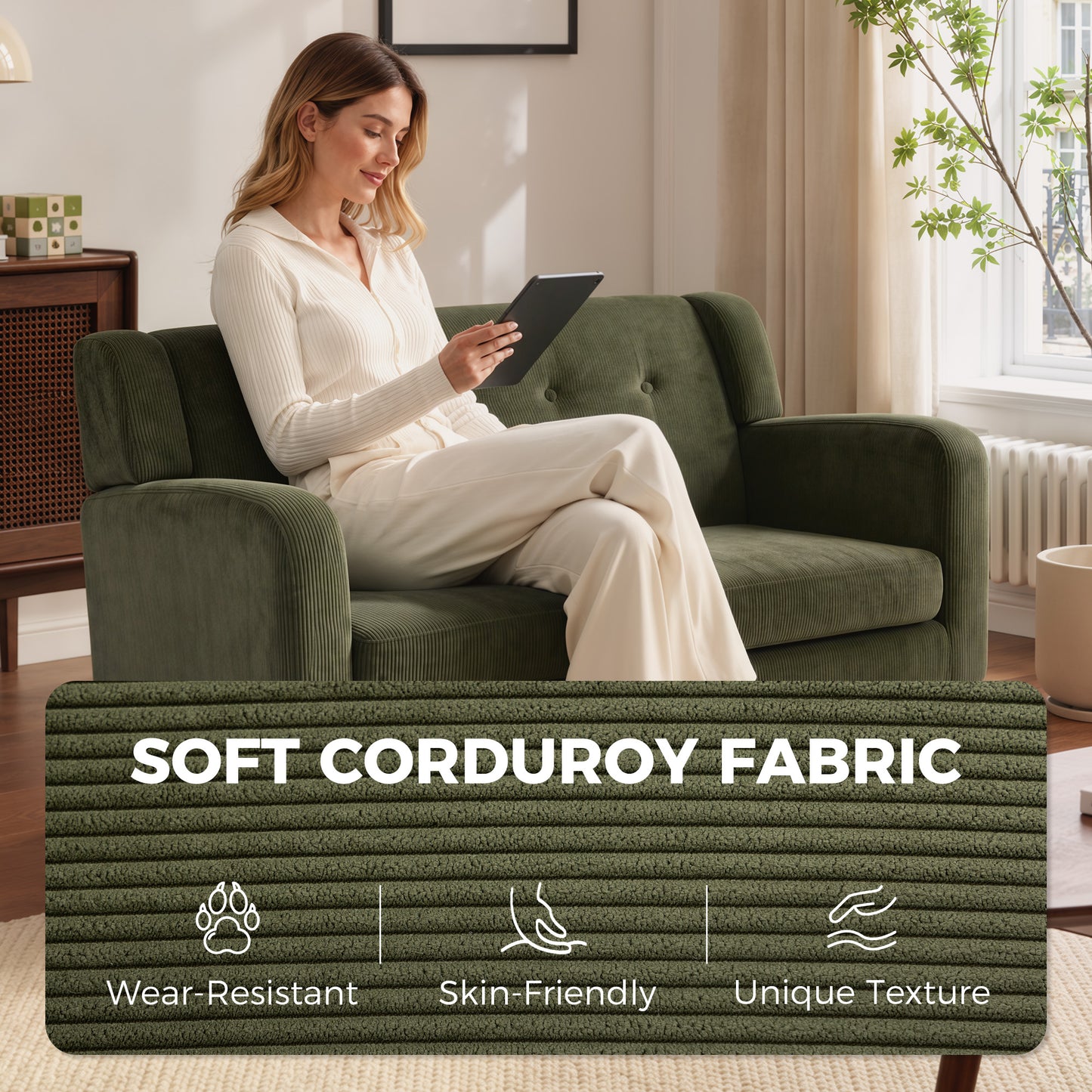 HOMCOM Corduroy 2 Seater Sofa With Pocket Springs Dark Green Compact Couch