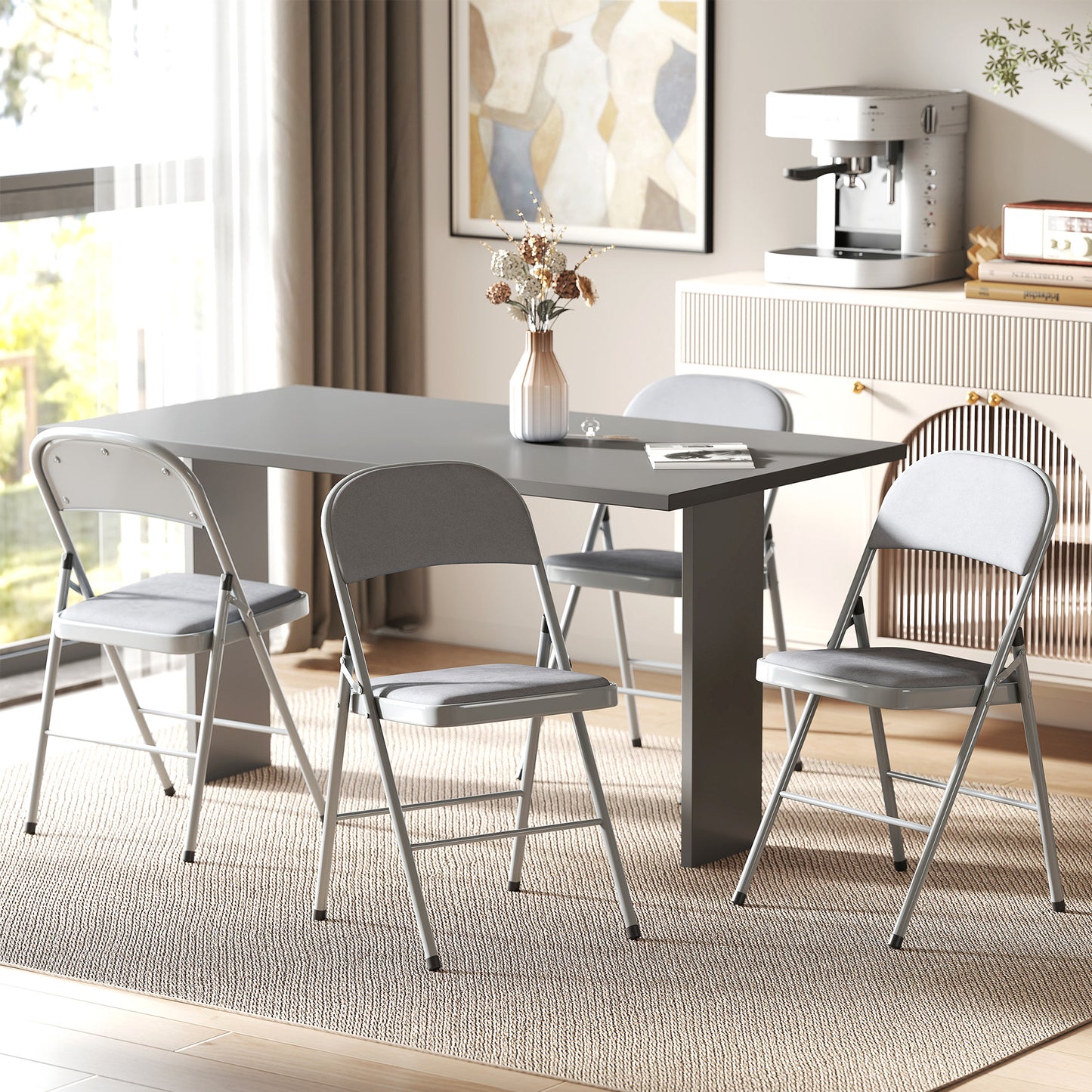 HOMCOM 4 Pack Folding Chairs With Padded Seats Velvet Portable Party Chairs With Steel Frame Light Grey