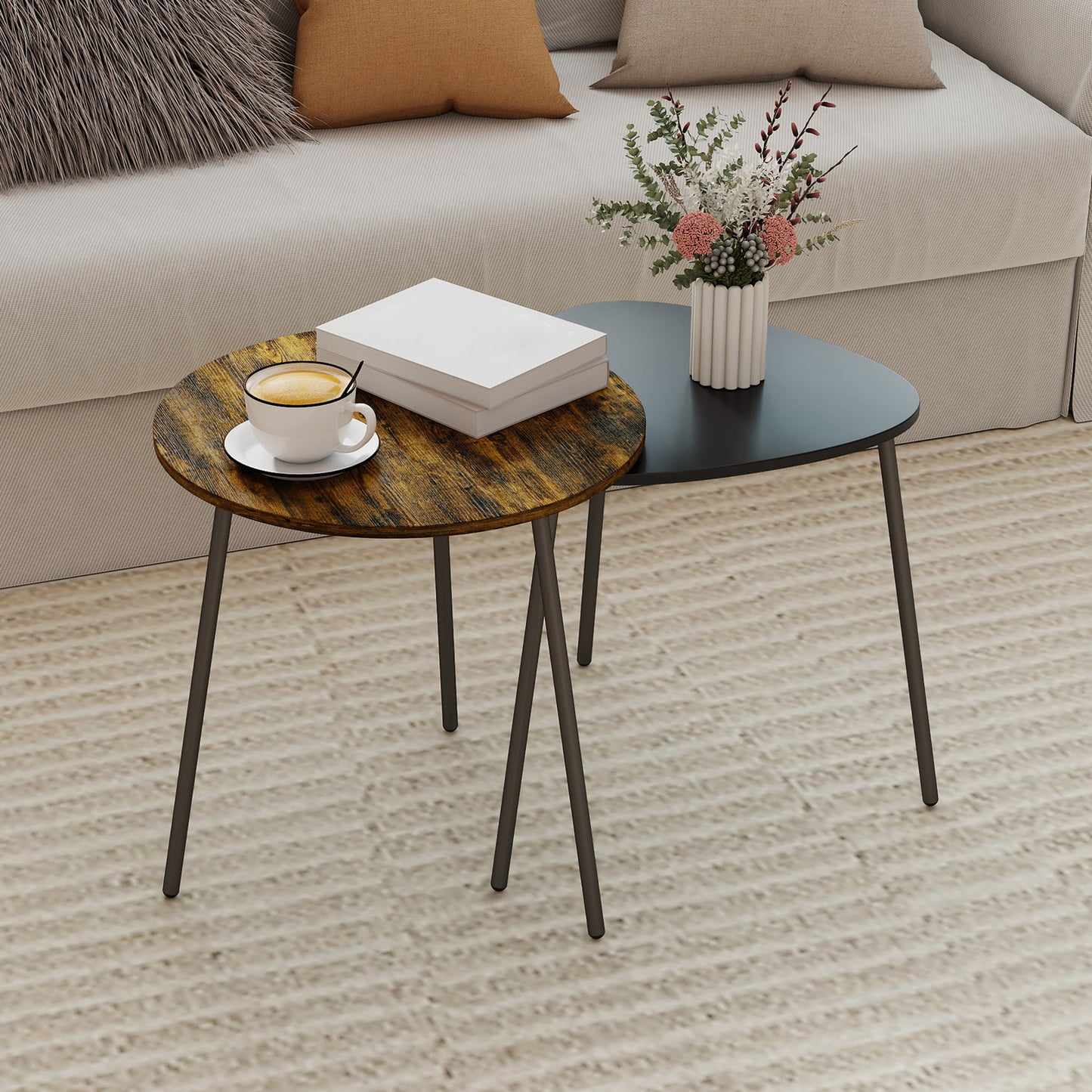 HOMCOM Nesting Side Table Set Of 2 Rustic Brown Space Saving Wood Effect Furniture