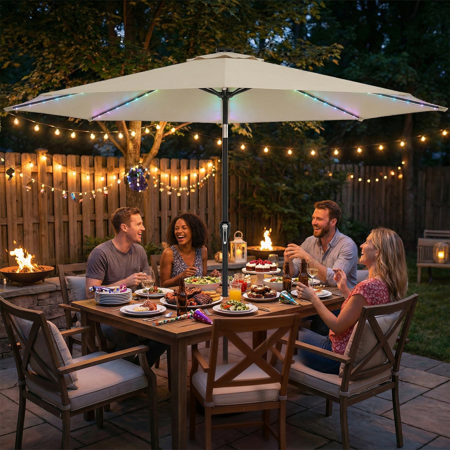 Outsunny 3 Meter Garden Parasol Umbrella With 112 Solar Powered LED Lights And USB Charging Crank Handle Beige