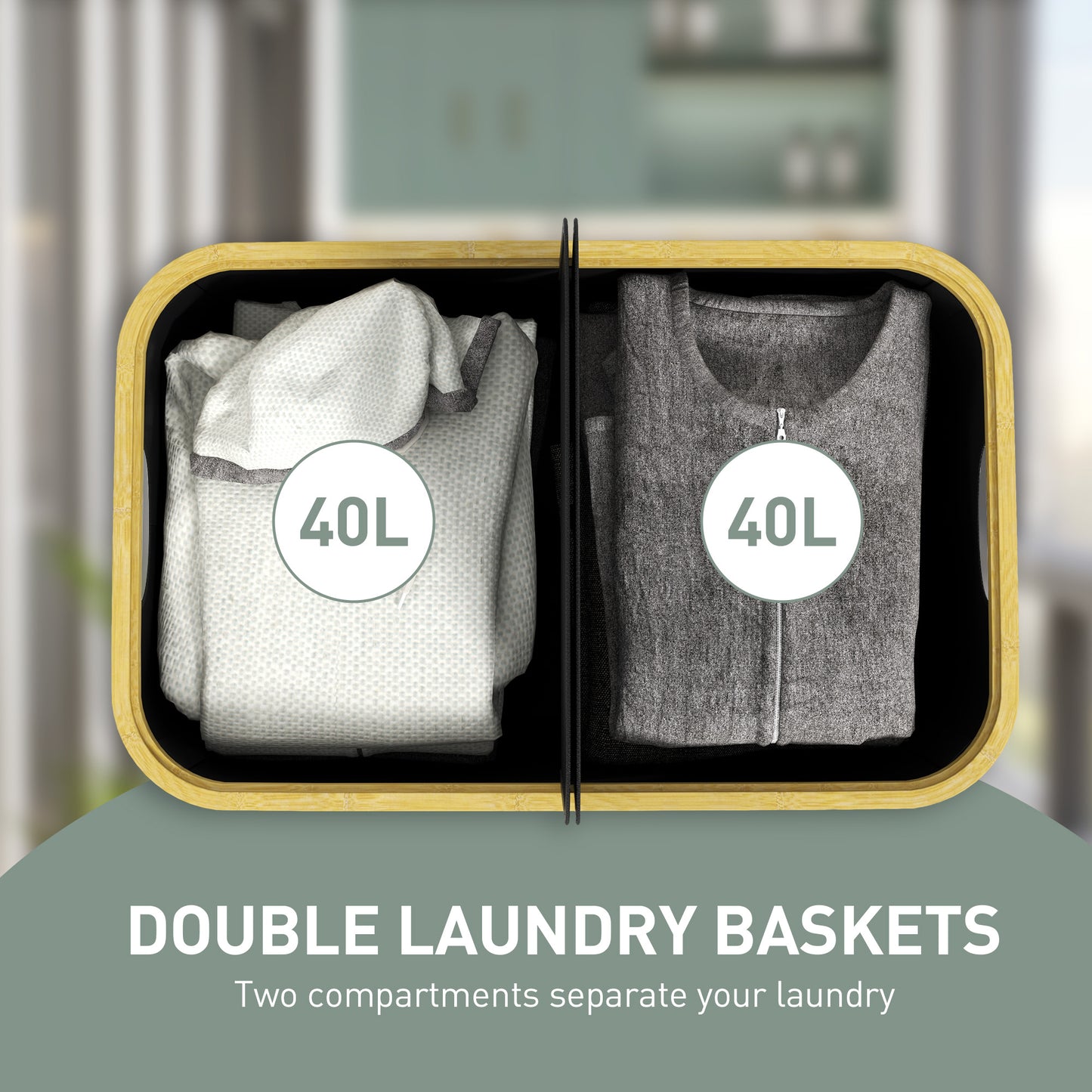 HOMCOM Double Laundry Basket With Lid 80L Collapsible Hamper Twin 40L Compartments For Bathroom Laundry Room