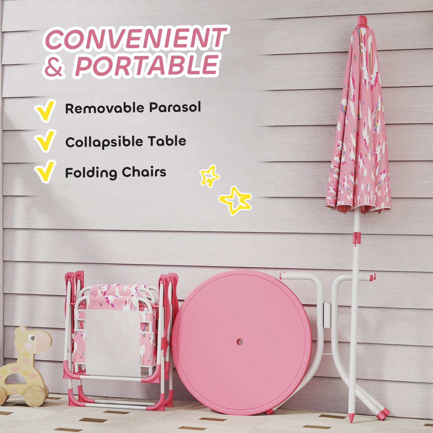 AIYAPLAY Kids Patio Table And Chair Set With Umbrella Pink Unicorn Themed Garden Furniture 4 Piece Bistro Set