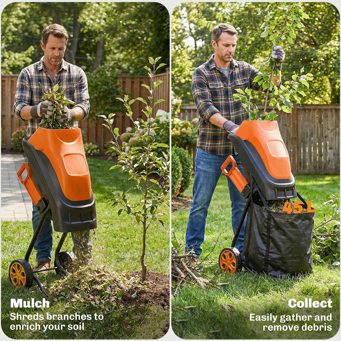Outsunny 2500W Electric Wood Chipper Corded Mulcher Shredder With 45L Collection Bag 4300RPM 44mm Cutting Diameter