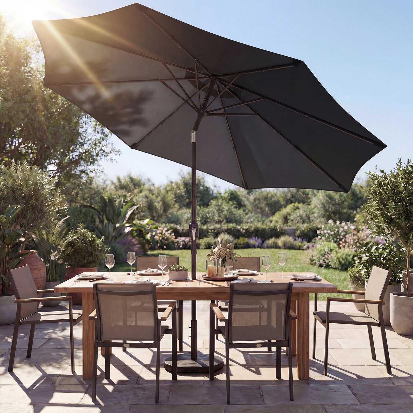 Outsunny 2.7 m Garden Parasol Umbrella With Cross Base And Sandbag Retractable Ribs Outdoor Market Umbrella Black