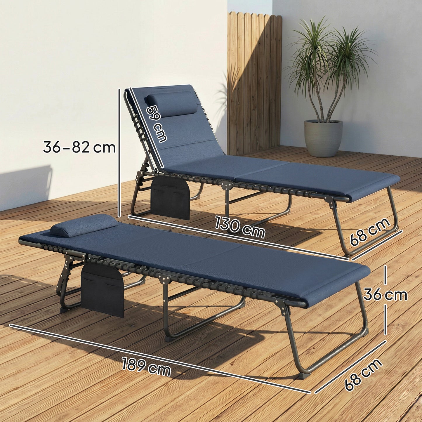 Outsunny Set Of Two Reclining Sun Loungers Dark Blue With Five Level Adjustable Backs And Side Pockets