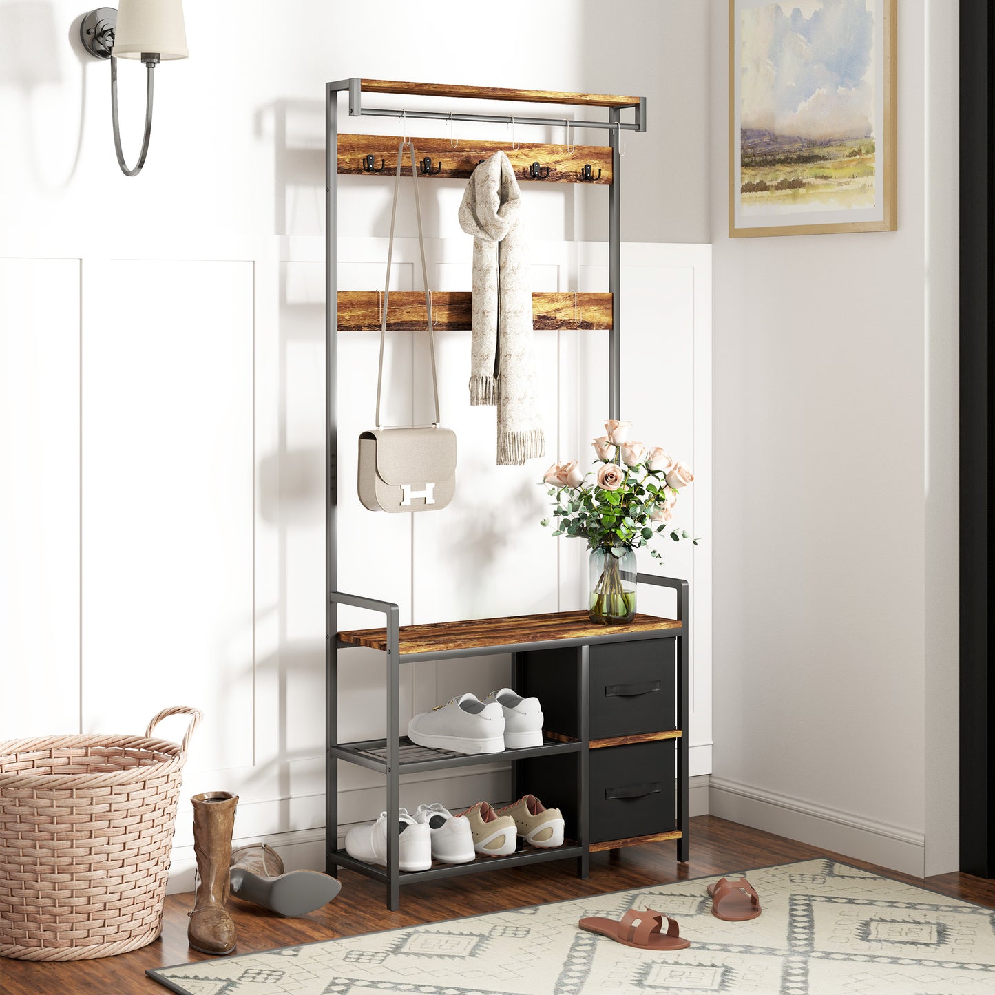 HOMCOM Industrial Style Hallway Tree With Bench 15 Coat Hooks Two Shoe Racks And Two Fabric Drawers Brown Black