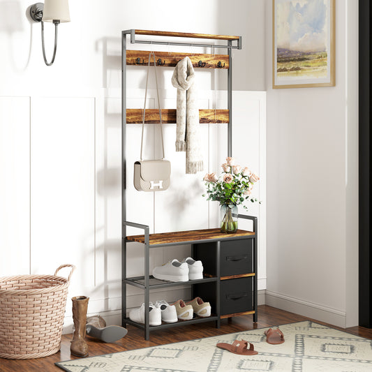 HOMCOM Industrial Style Hallway Tree With Bench 15 Coat Hooks Two Shoe Racks And Two Fabric Drawers Brown Black
