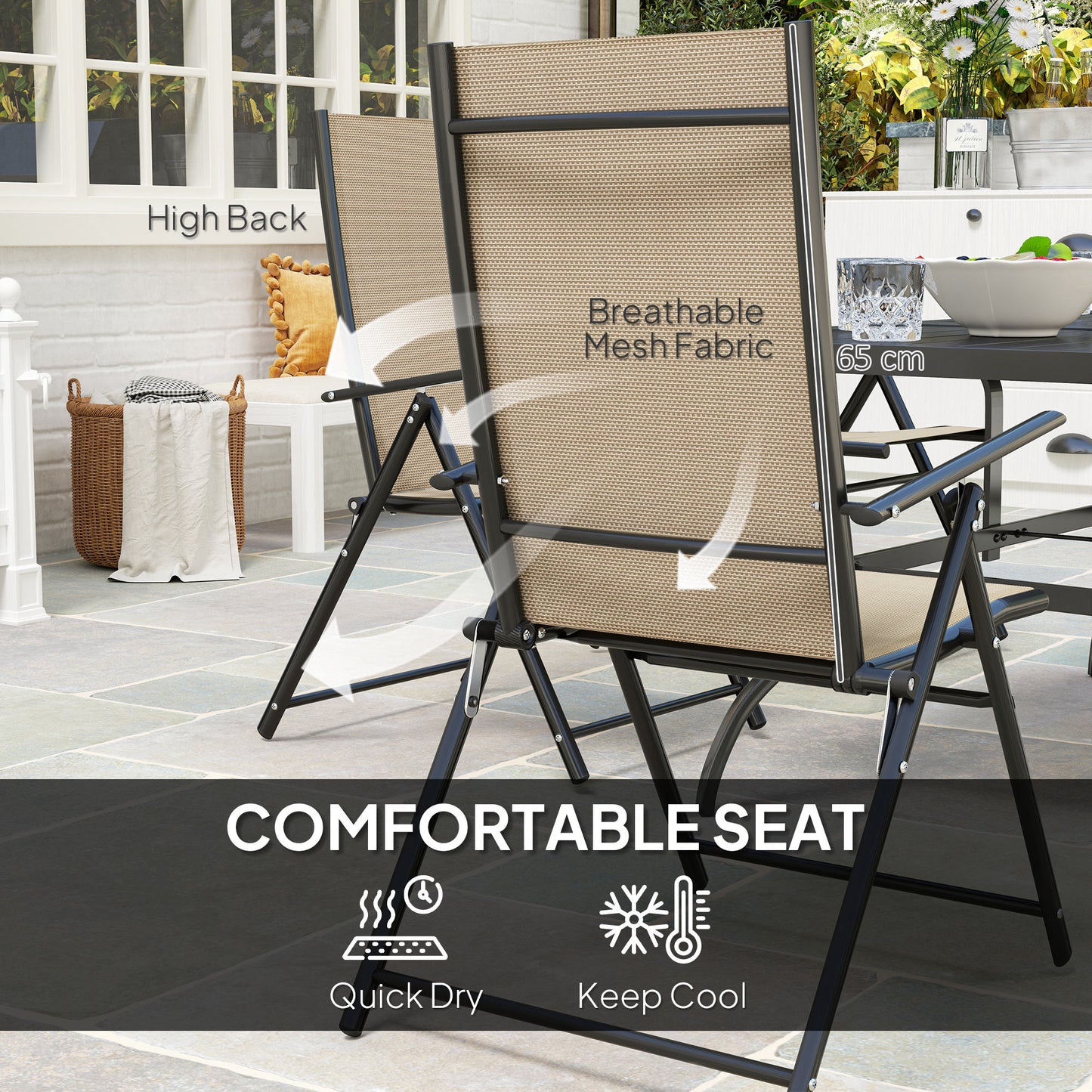 Outsunny Seven Piece Steel Outdoor Dining Set with Parasol Hole Khaki Rectangular Table and Six Folding Chairs