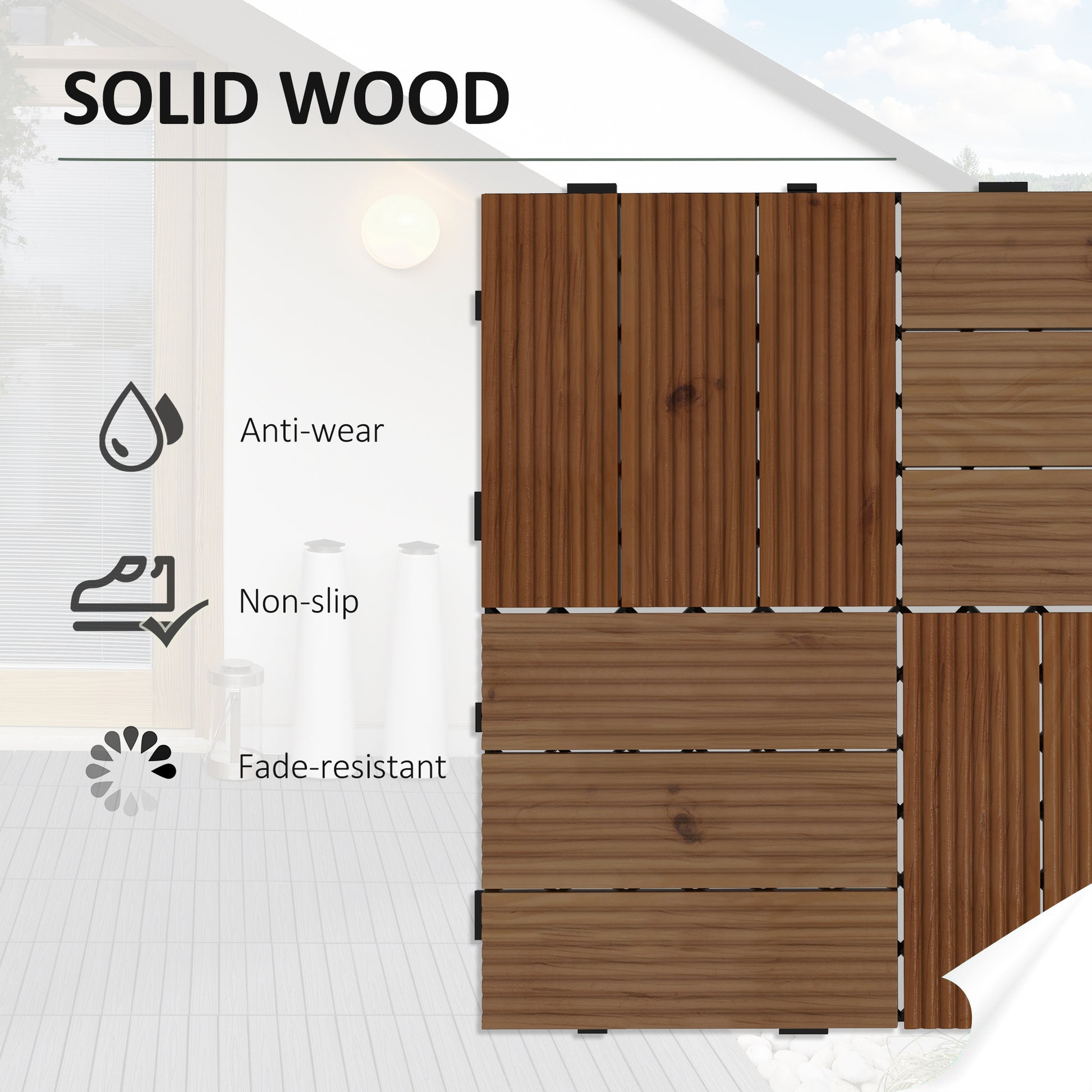 Outsunny 9-Piece Wooden Decking Tile Set for Outdoor Spaces - Interlocking Garden Flooring for Patios, Balconies, and Hot Tubs - Brown - ALL4U RETAILER LTD