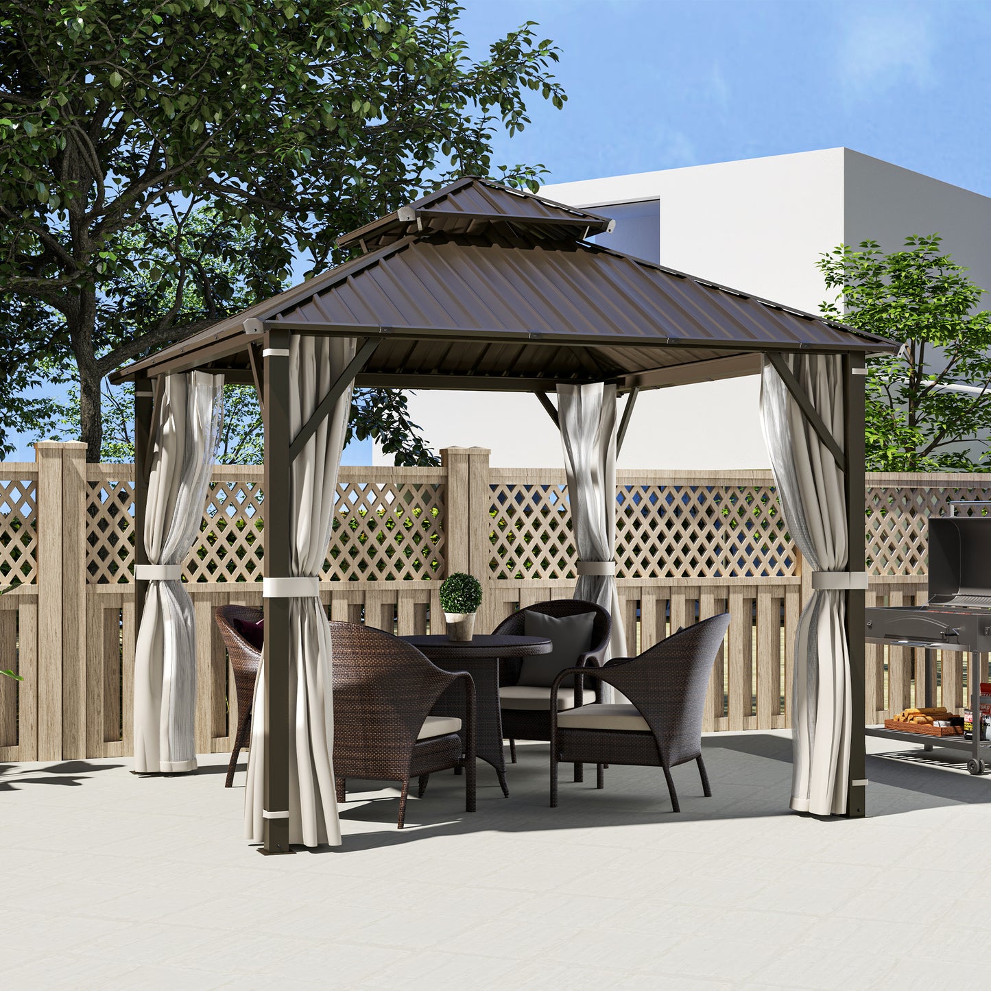 Outsunny 3x3m Hardtop Gazebo With Double Metal Roof Waterproof Permanent Pavilion Garden Netting Curtains Beige
