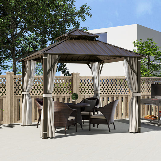 Outsunny 3x3m Hardtop Gazebo With Double Metal Roof Waterproof Permanent Pavilion Garden Netting Curtains Beige