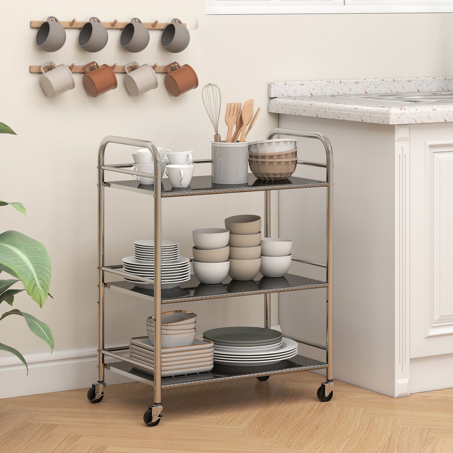 HOMCOM 3 Tier Stainless Steel Kitchen Storage Trolley With Adjustable Middle Shelf Silver Finish